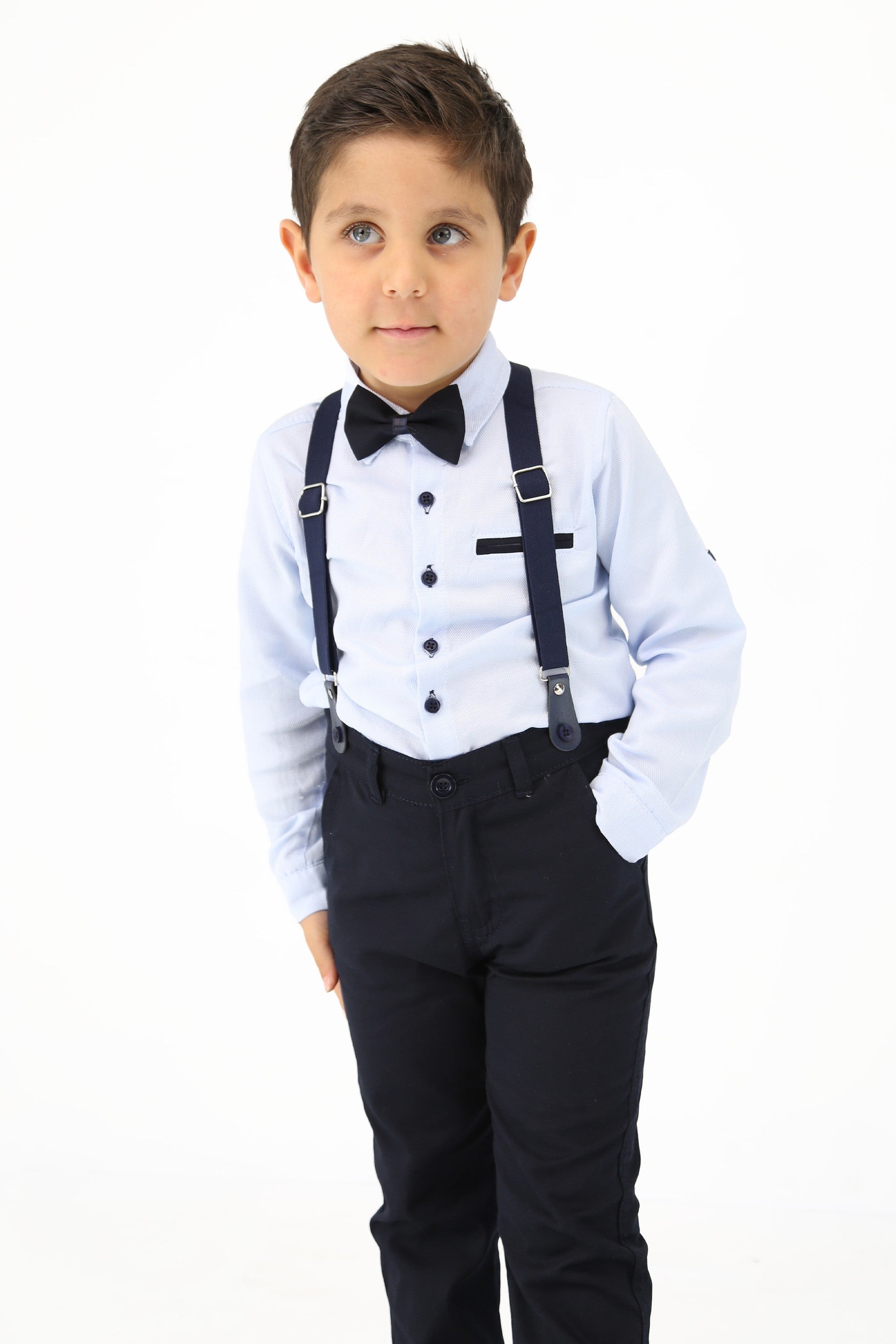 Baby & Boy Gentleman Outfit - 4 Piece Suspenders Pant Suit Set - OXFORD - Light Blue - Navy Blue