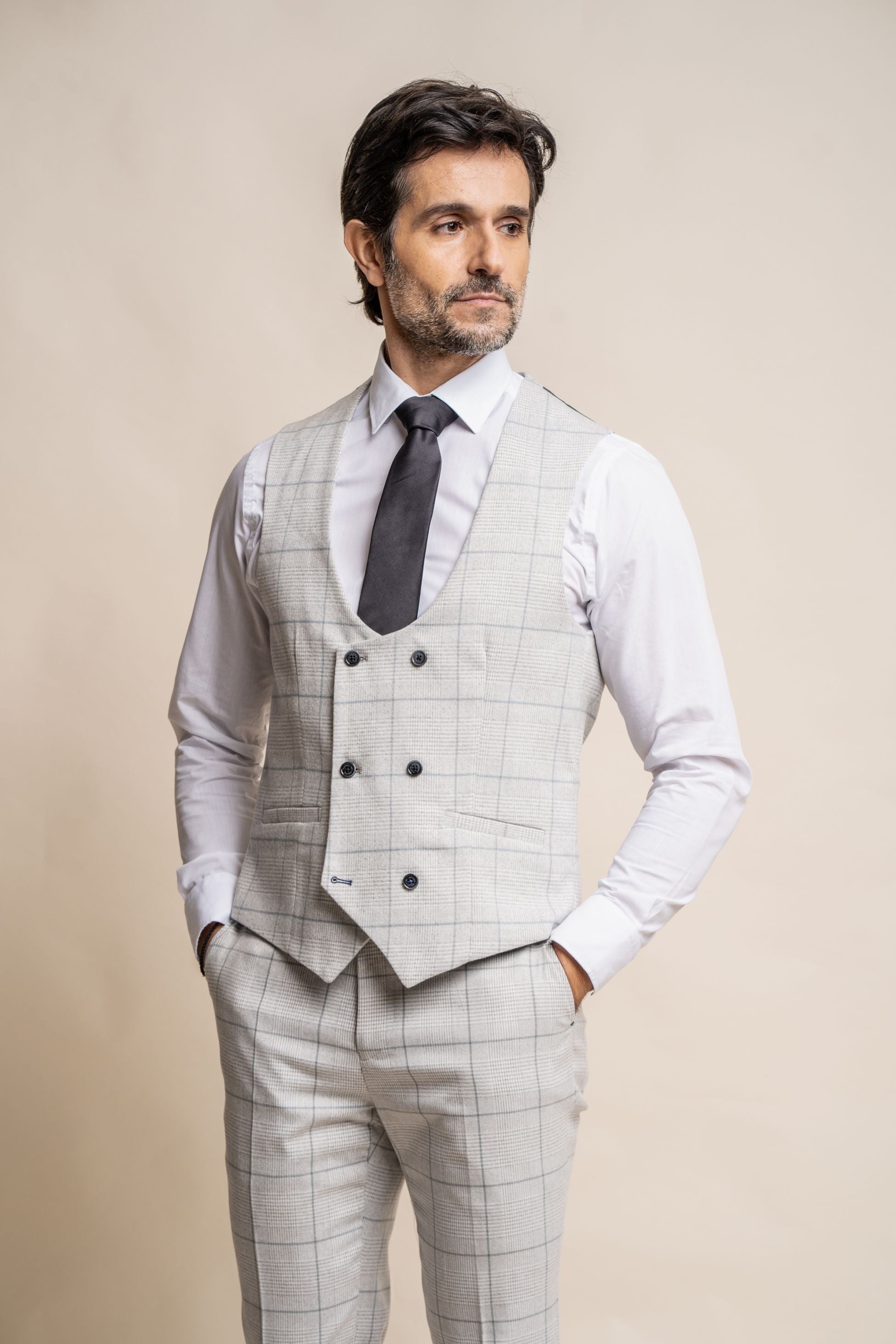 Men's Double Breasted Retro Check Grey Waistcoat - RADIKA - Light Grey