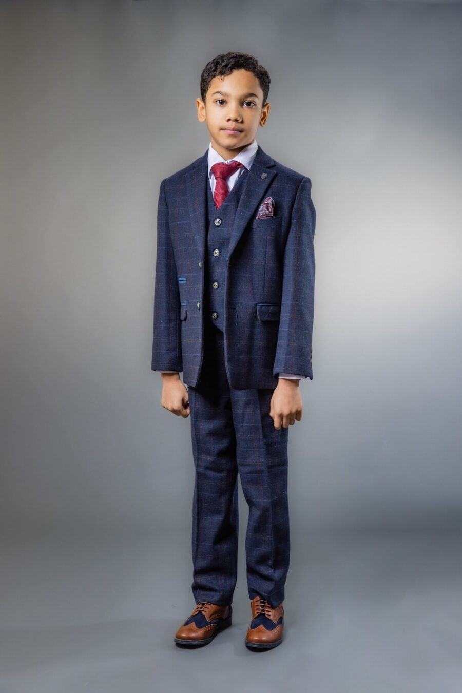 Jungen Tweed Windowpane Karo Maßgeschneiderter Anzug - Ryan Navy - Marineblau