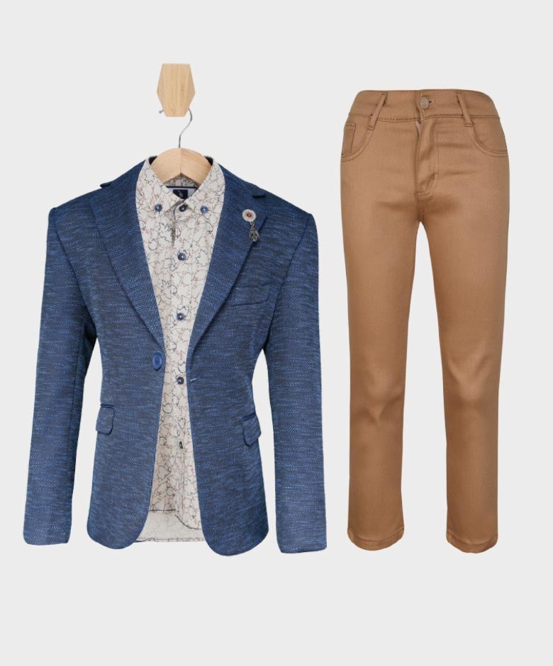 Ensemble Costume Combiné Slim Fit pour Garçons - Bleu Marine - Marron