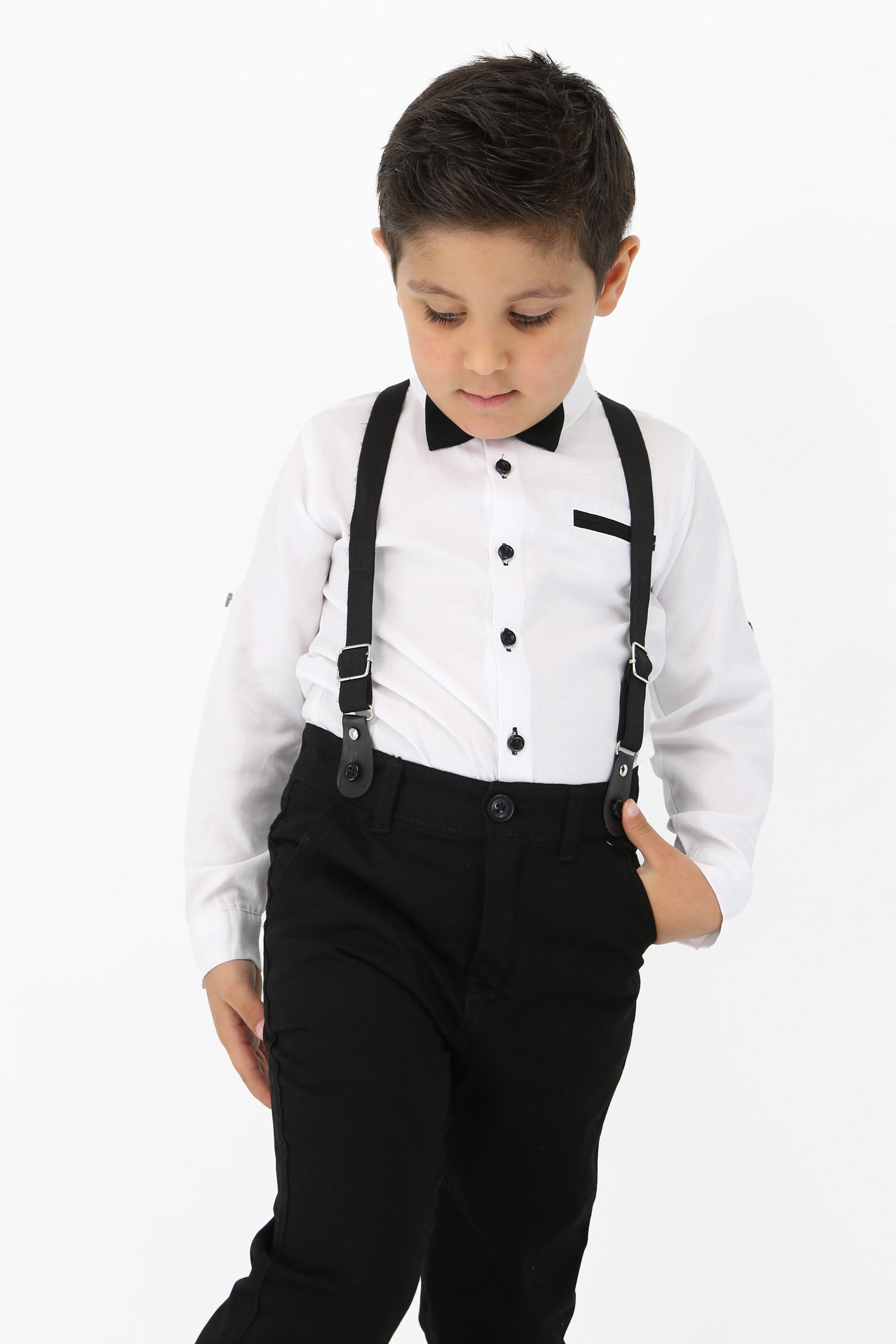 Ensemble de gentleman pour bébés et garçons - Ensemble de costume avec bretelles et pantalon 4 pièces - OXFORD - Blanc - Bleu Marine