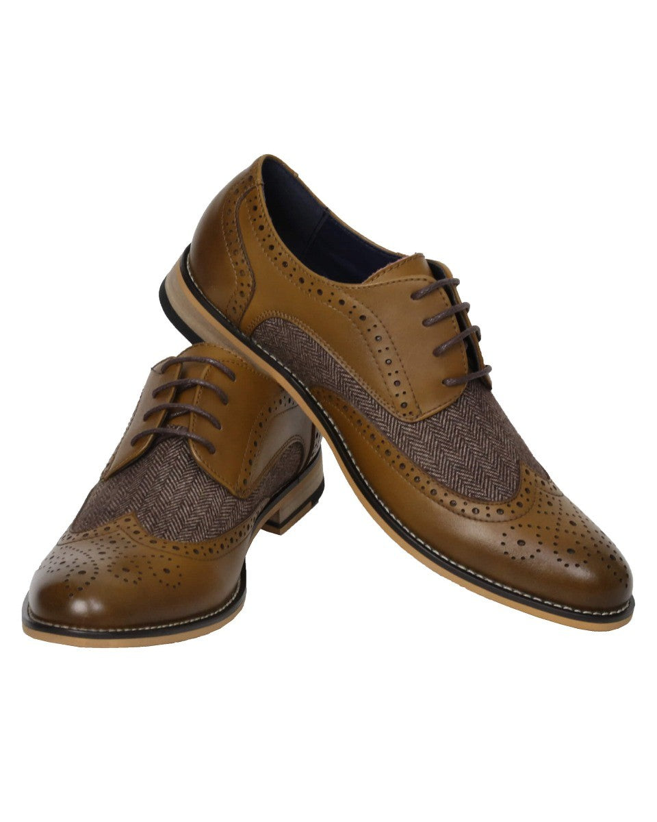 Herren Schnürsenkel Tweed Leder Brogue Schuhe - HORATIO - Hellbraun