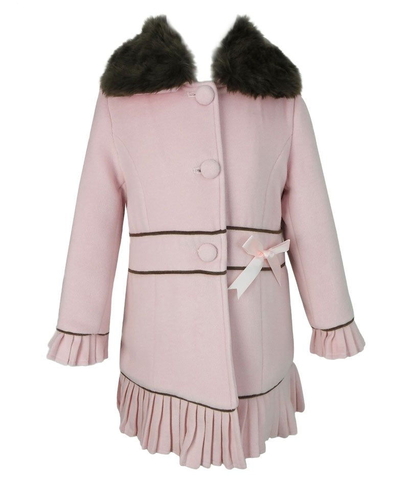 Girls Coat with Detachable Fur Collar and Hat Set - Pink