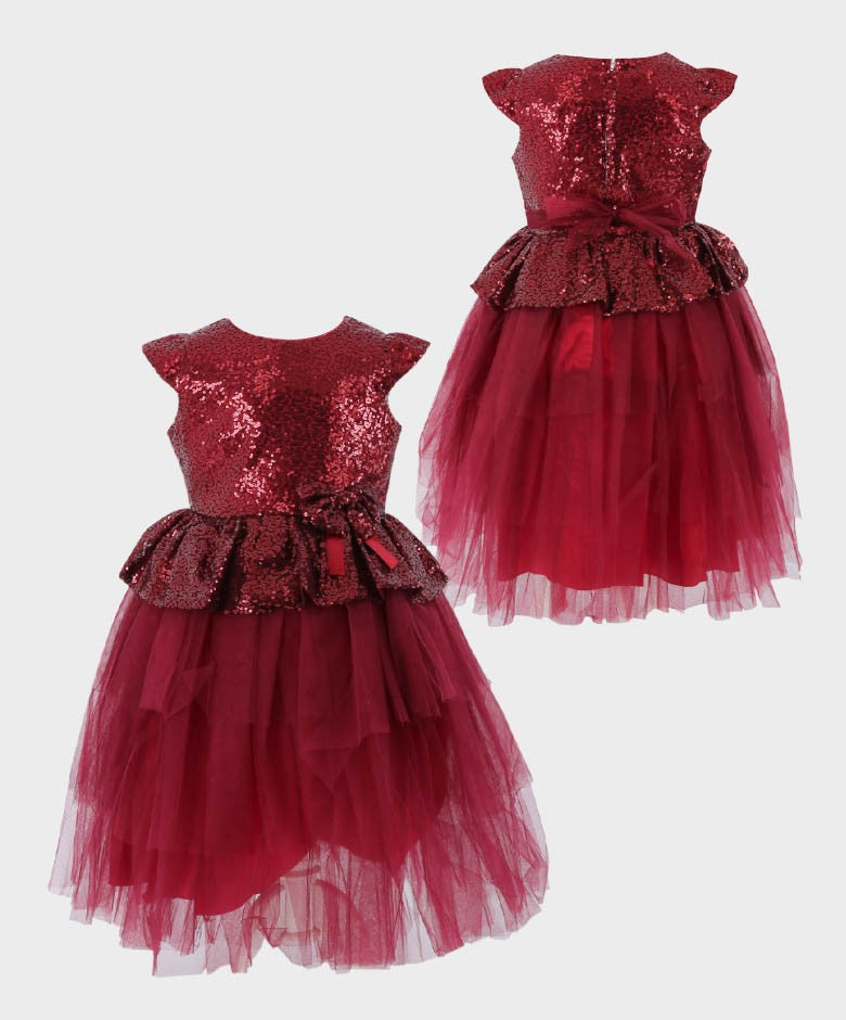 Girls Sequin and Tulle Puffy Dress - Wine Red