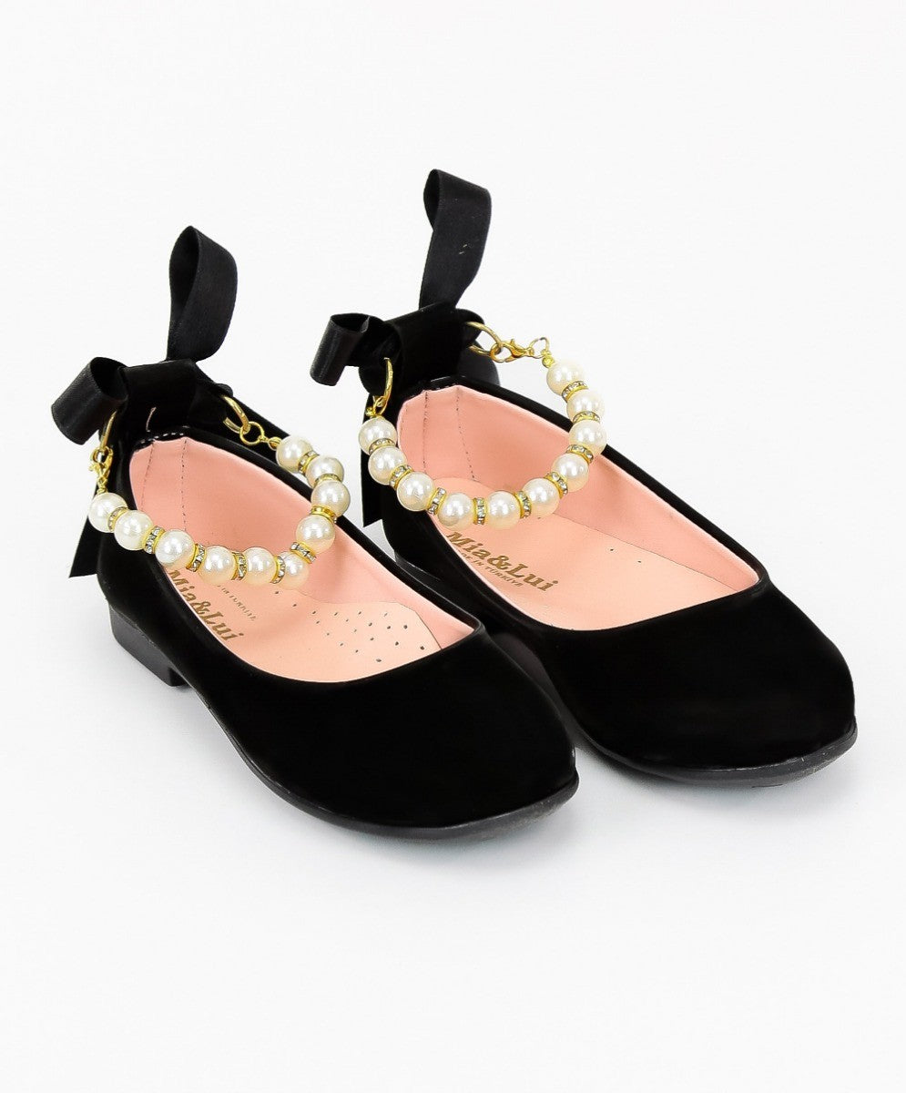 Girls Pearls Flat Mary Jane Shoes - ISABEL - Black