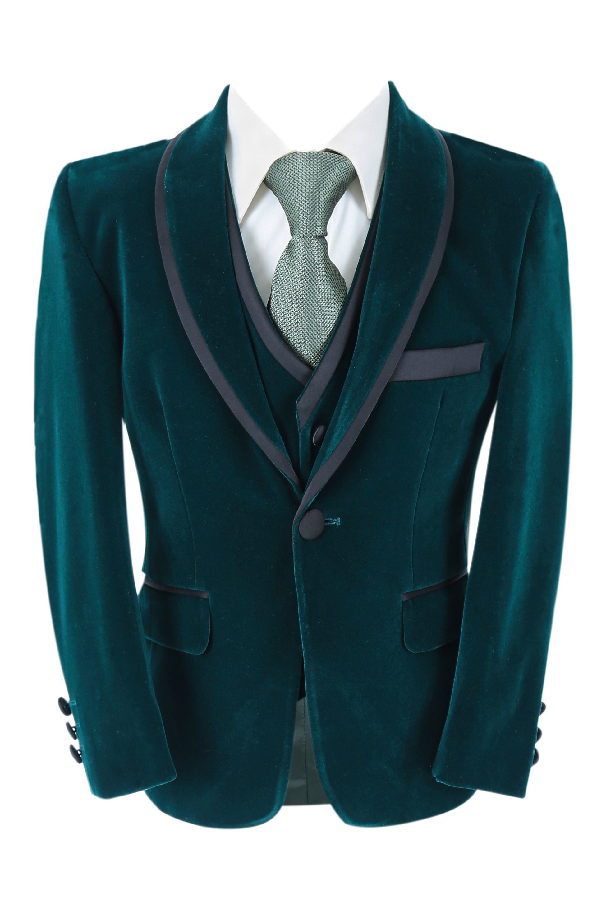 Boys Slim Fit Piping Velvet Tuxedo Suit - LONDON - Dark Green