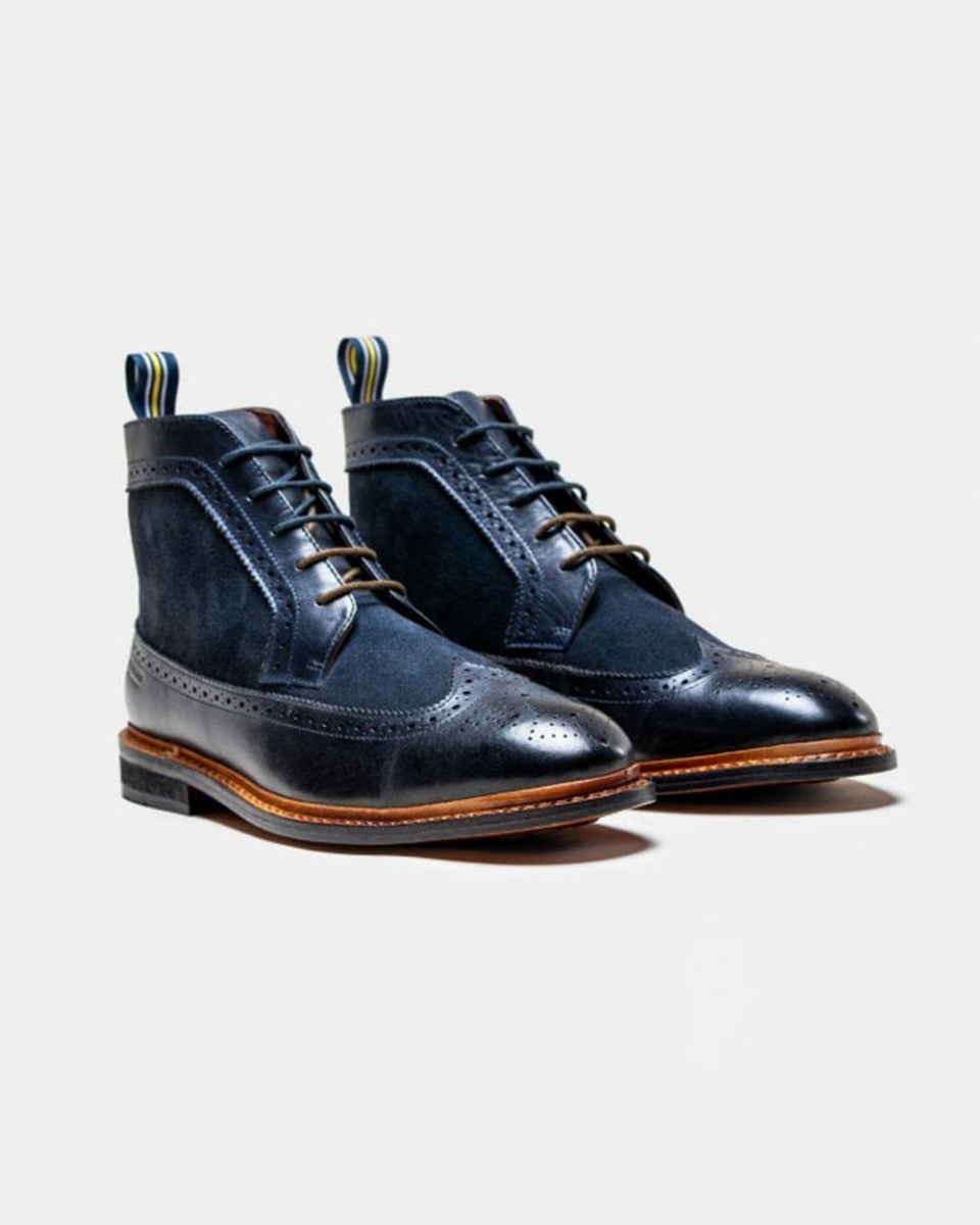 Bottes brogue en cuir véritable et en suédé pour hommes - BOSWORTH - Bleu Marine