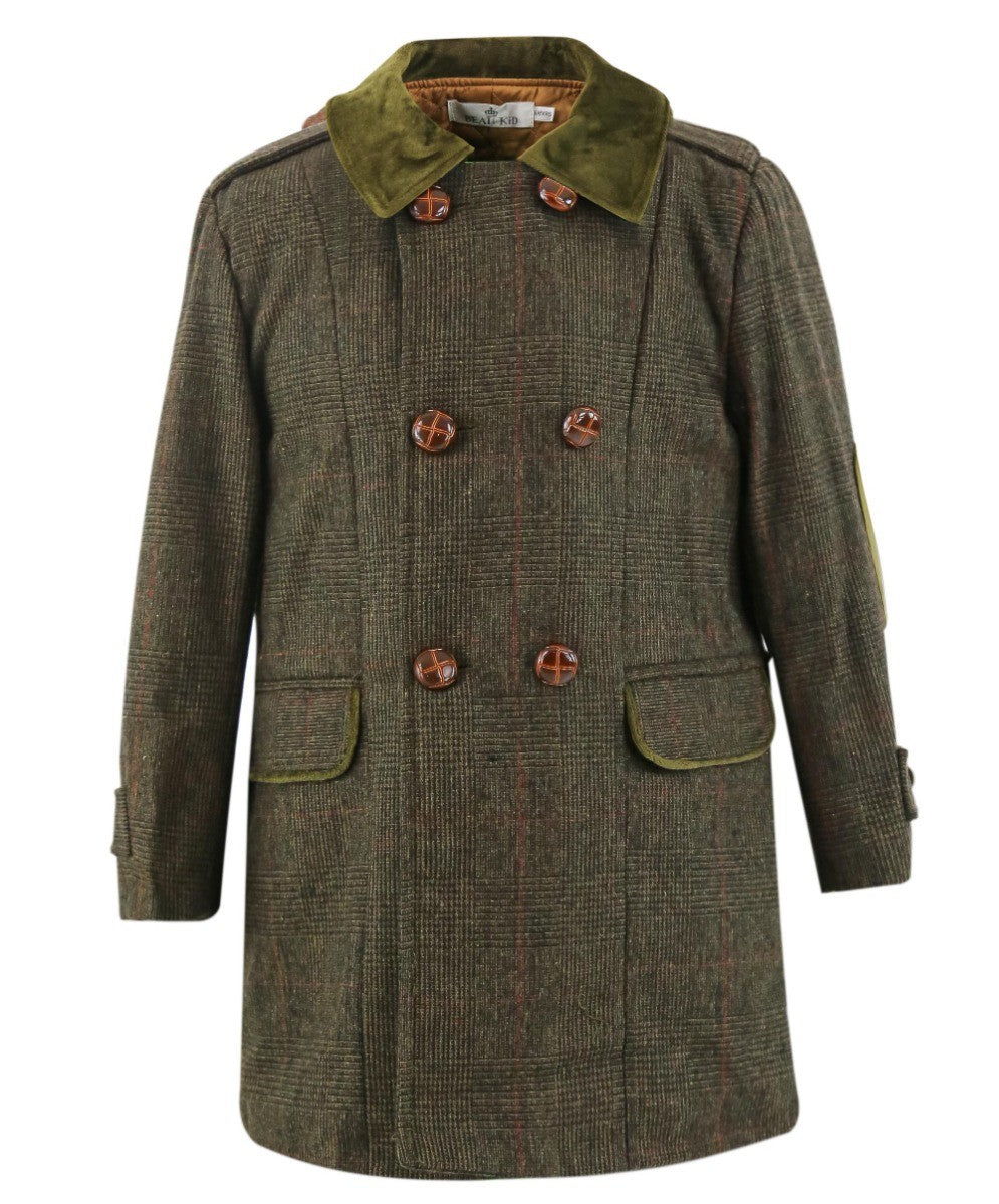 Manteau Mi-Long à Carreaux en Tweed pour Garçons - Vert Olive