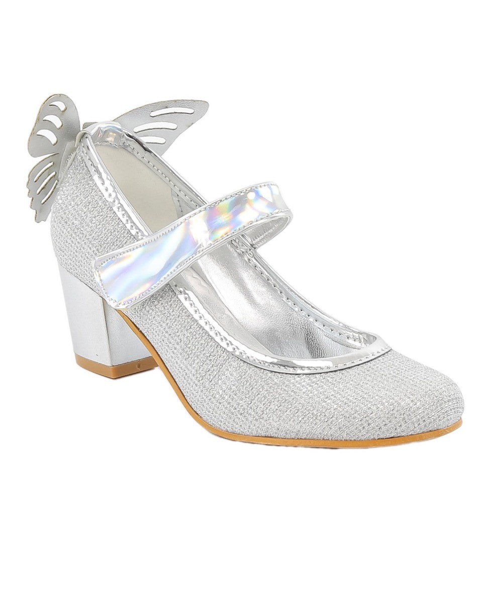 Girls Block Heel Sparkly Mary Jane Shoes - Silver