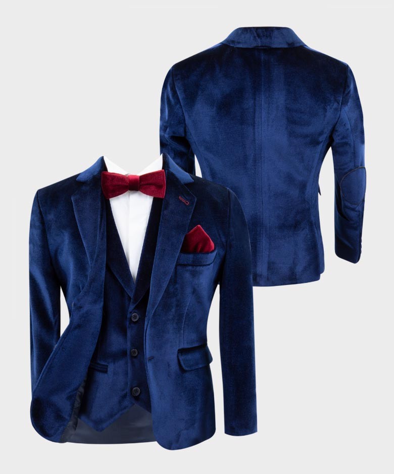 Costume en Velours Tailored Fit avec Patte de Coude pour Garçons - Bleu Marine