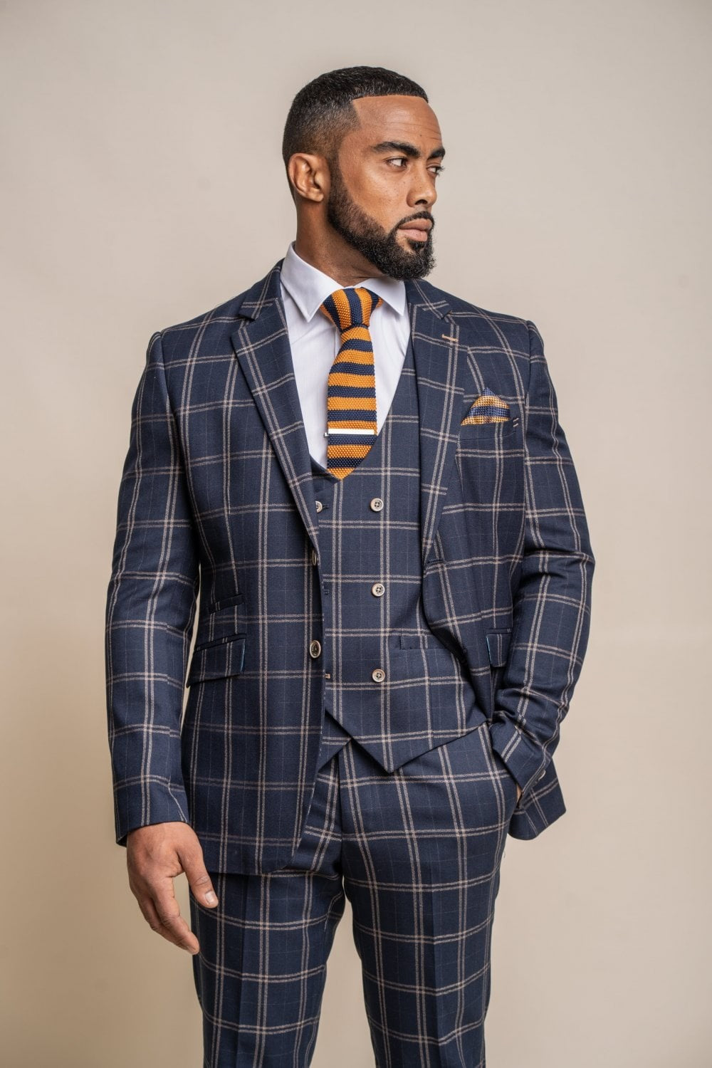 Men's Retro Check Navy Suit Jacket - HARDY - Navy Blue