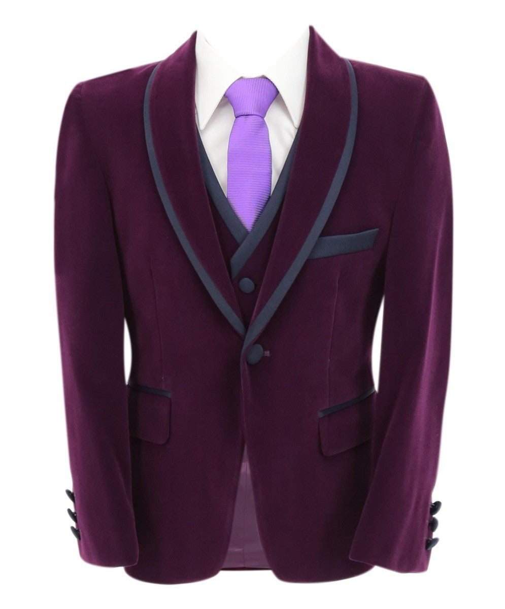 Costume de Smoking en Velours à Passepoil Slim Fit pour Garçons - LONDON - Violet