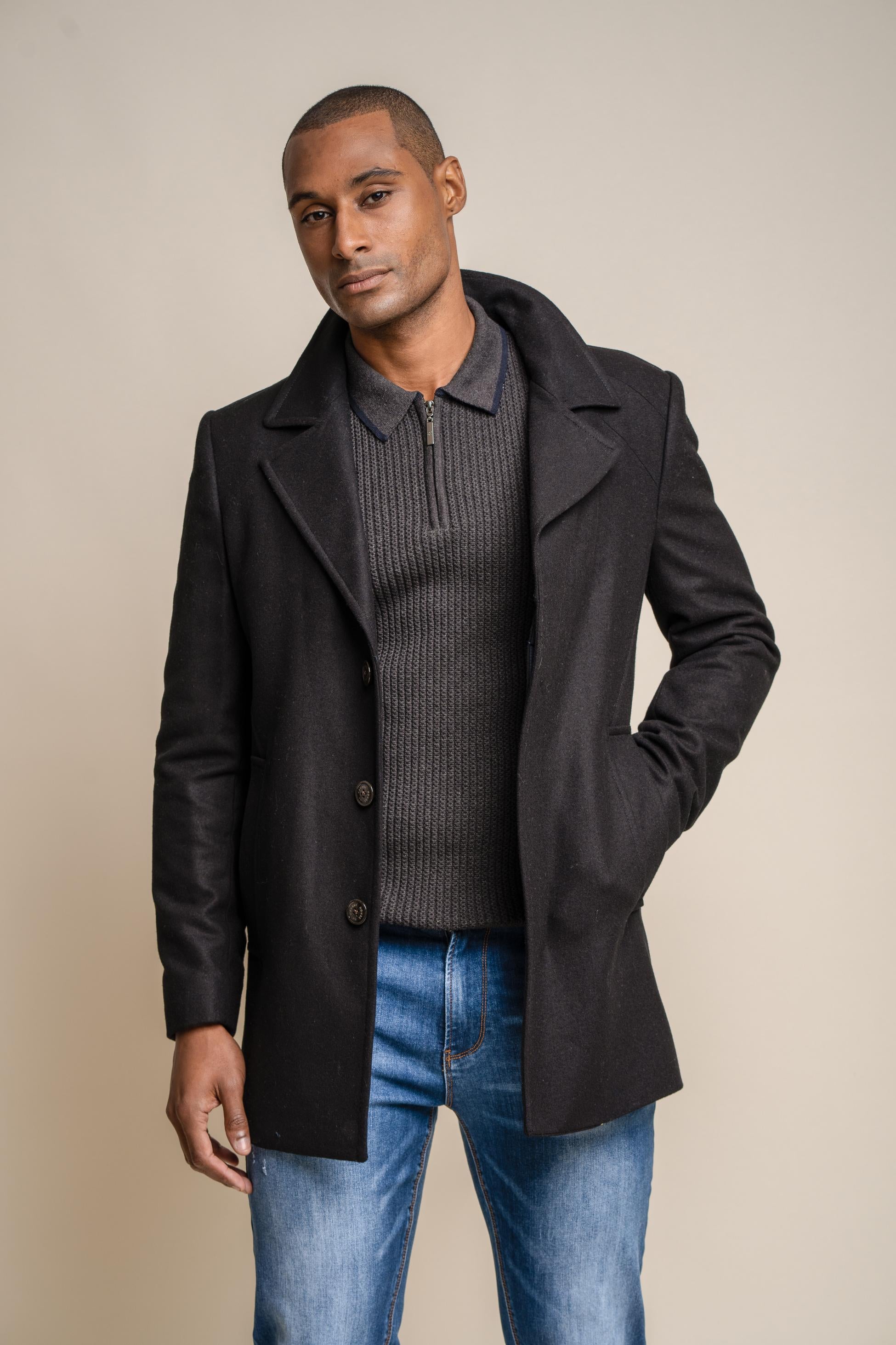 Men's Wool Blend Mid-length Coat - NELSON - Black