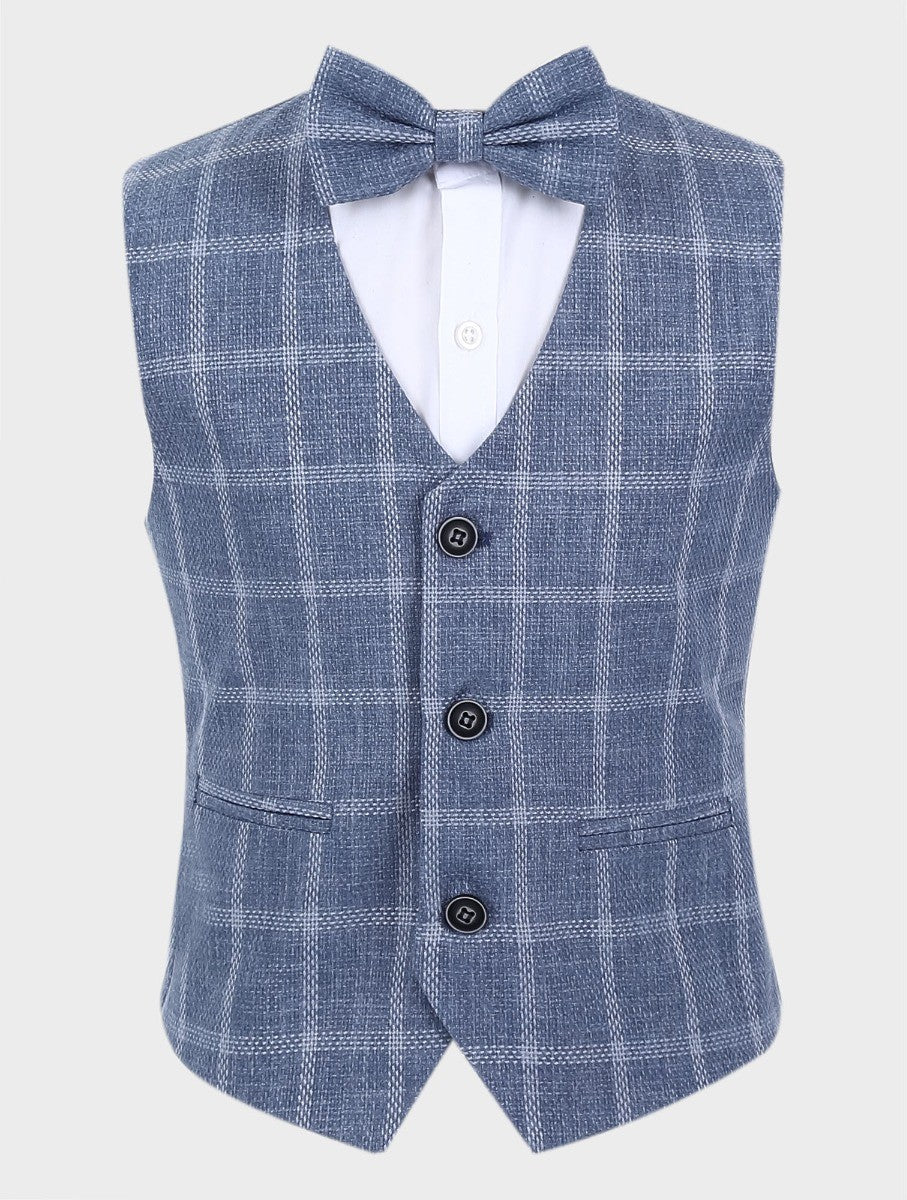 Gilet en Tweed à Carreaux Windowpane pour Garçons - Bleu - Gris