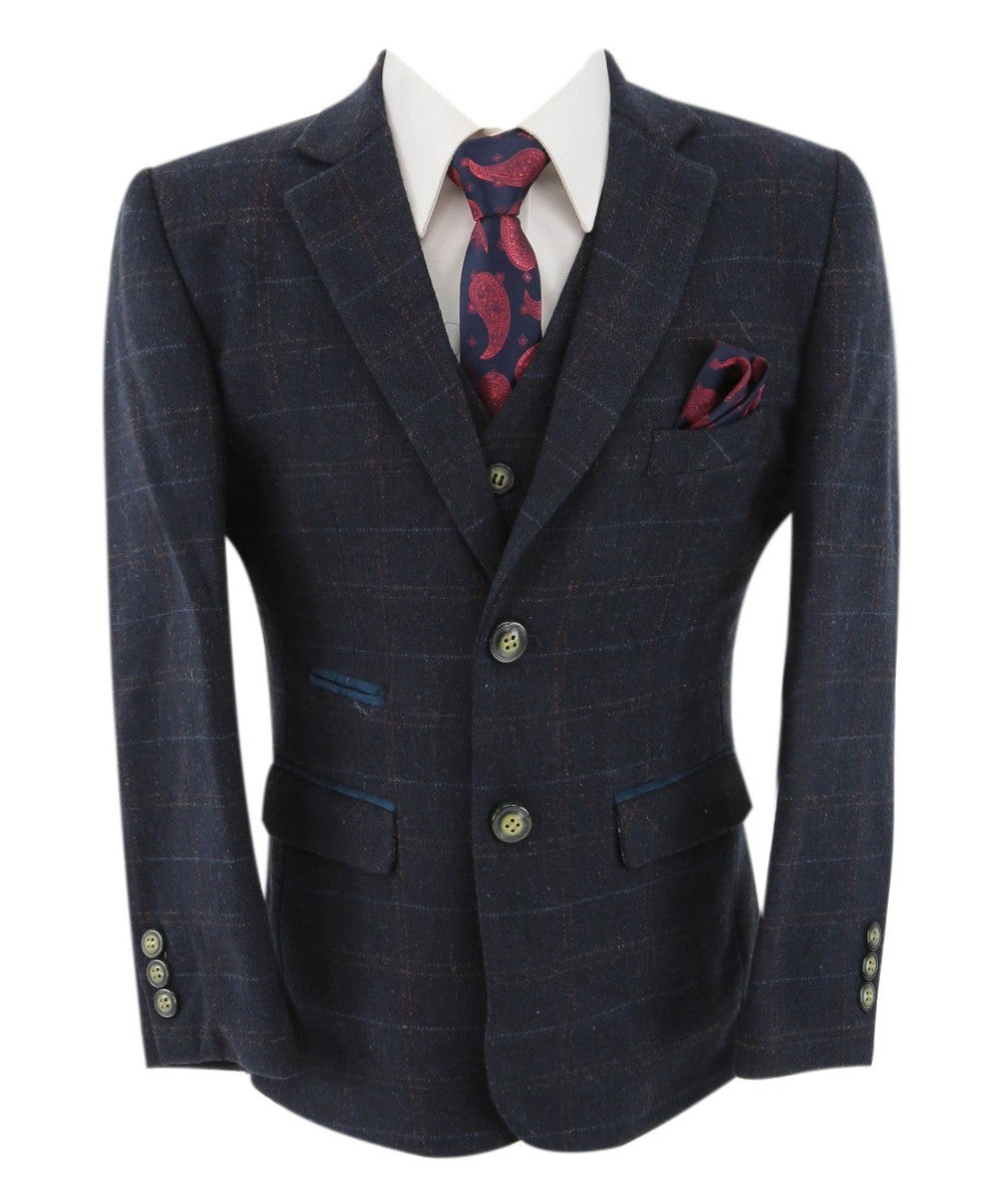 Jungen Tweed Windowpane Karo Maßgeschneiderter Anzug - Ryan Navy - Marineblau