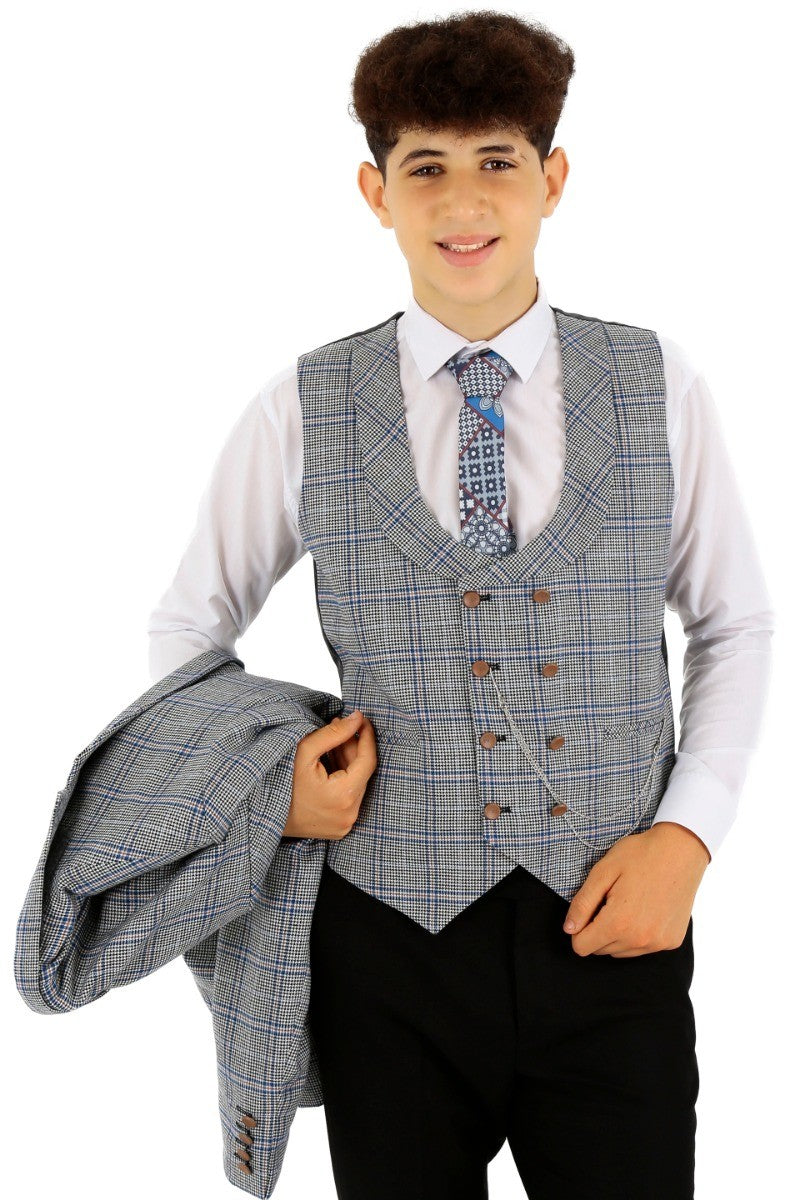 Jungen Windowpane Karo Slim Fit Anzug - Blau - Schwarz