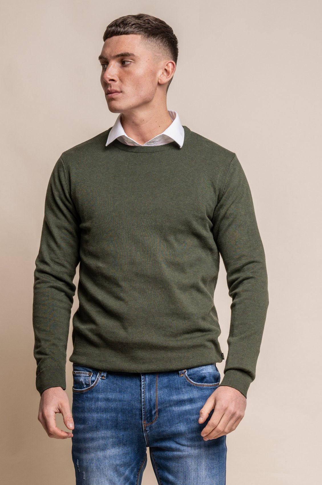 Pull en coton ajusté à col rond pour hommes - Vert Olive