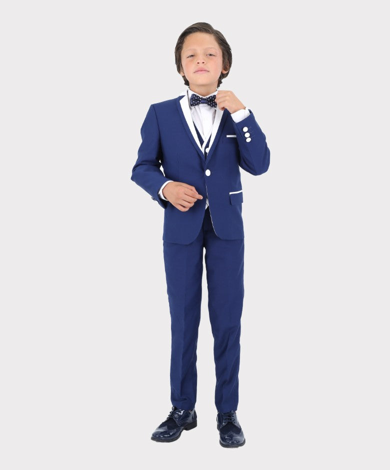 Jungen Exklusiver Piping Tuxedo Anzug - Dunkelblau - Weiß