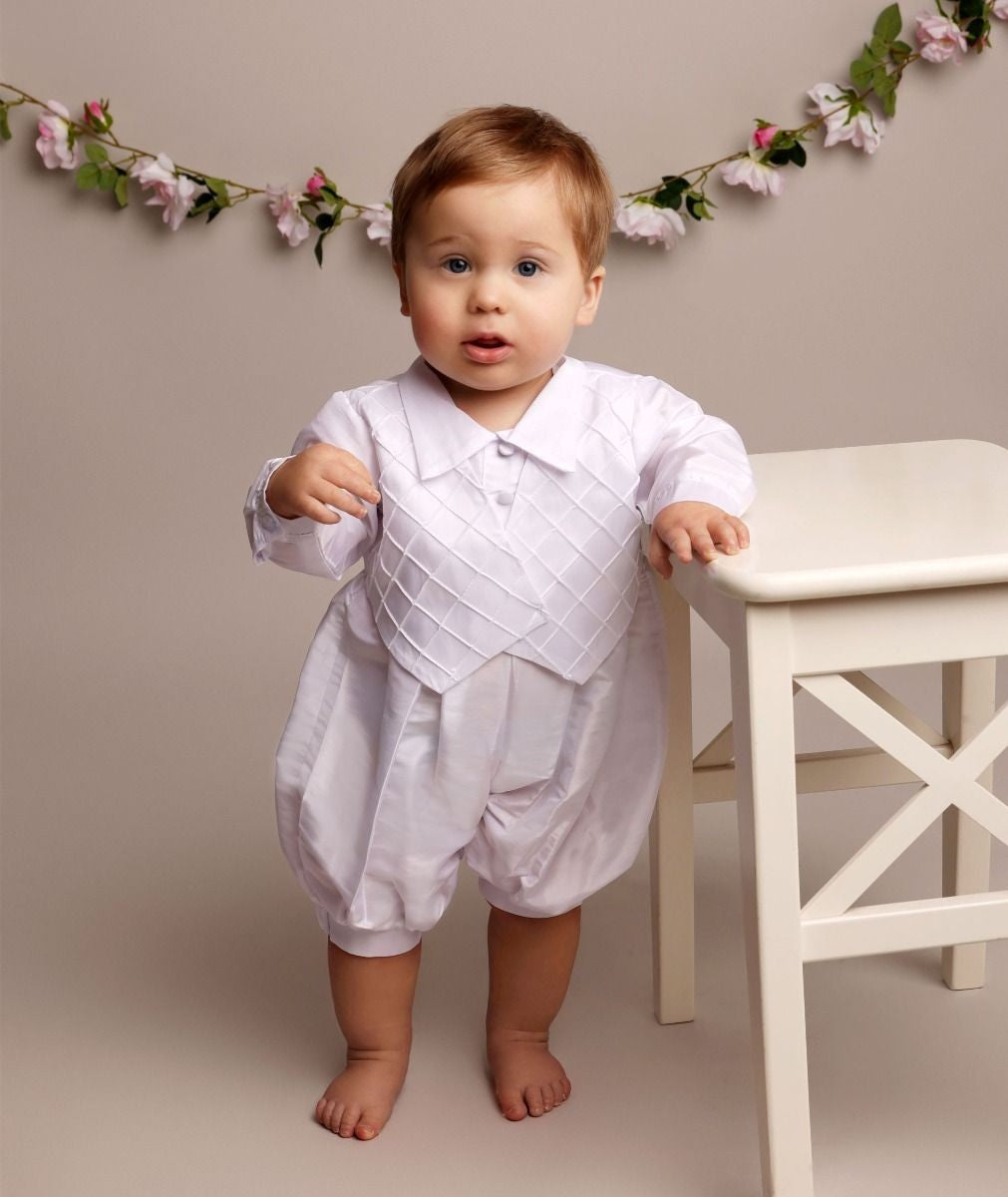 Baby Boys Christening Quilted Romper with Hat - PATRICK - White