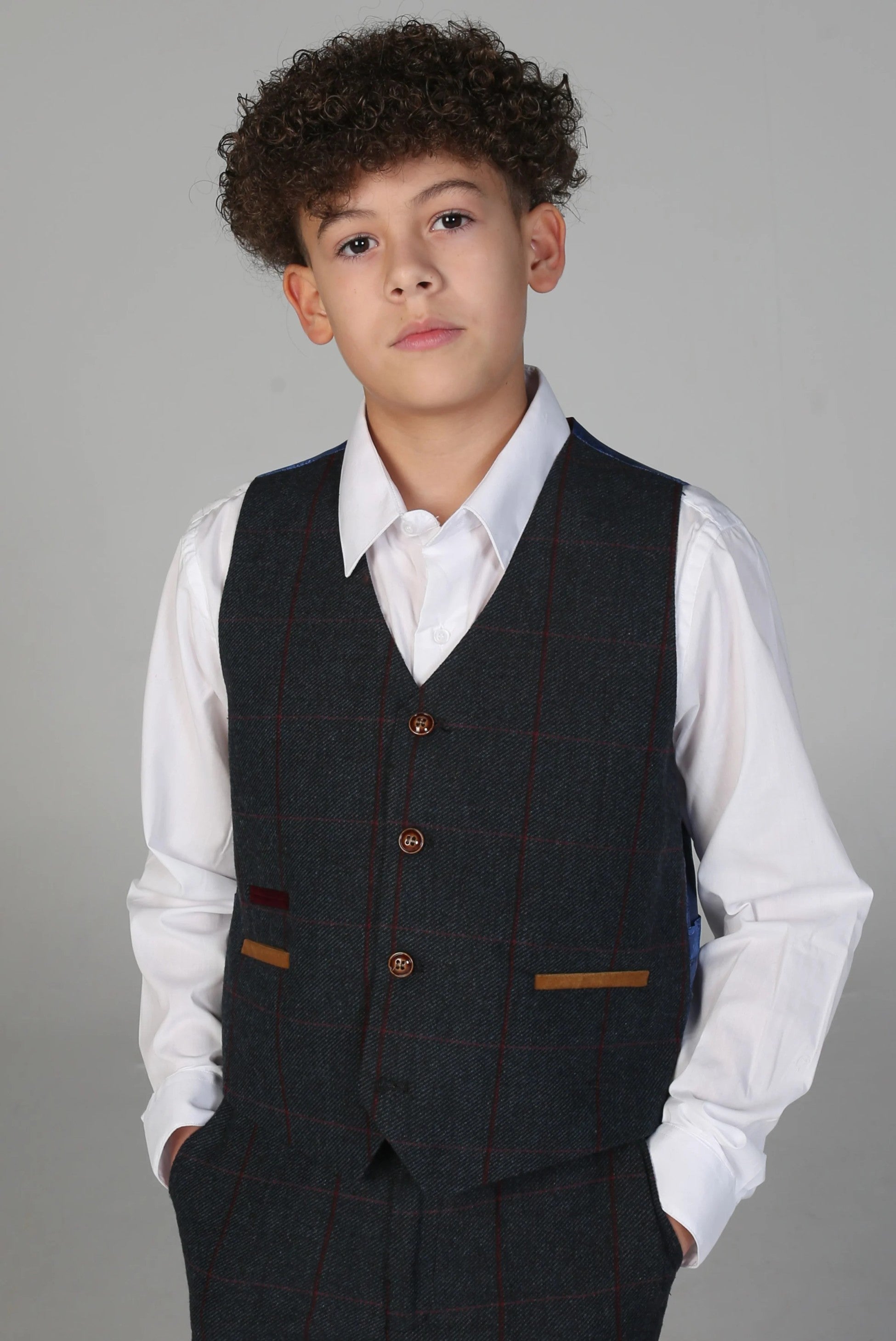 Boys 3 Piece Navy ًWindowpane Check Tweed Suit - MADRID - Navy