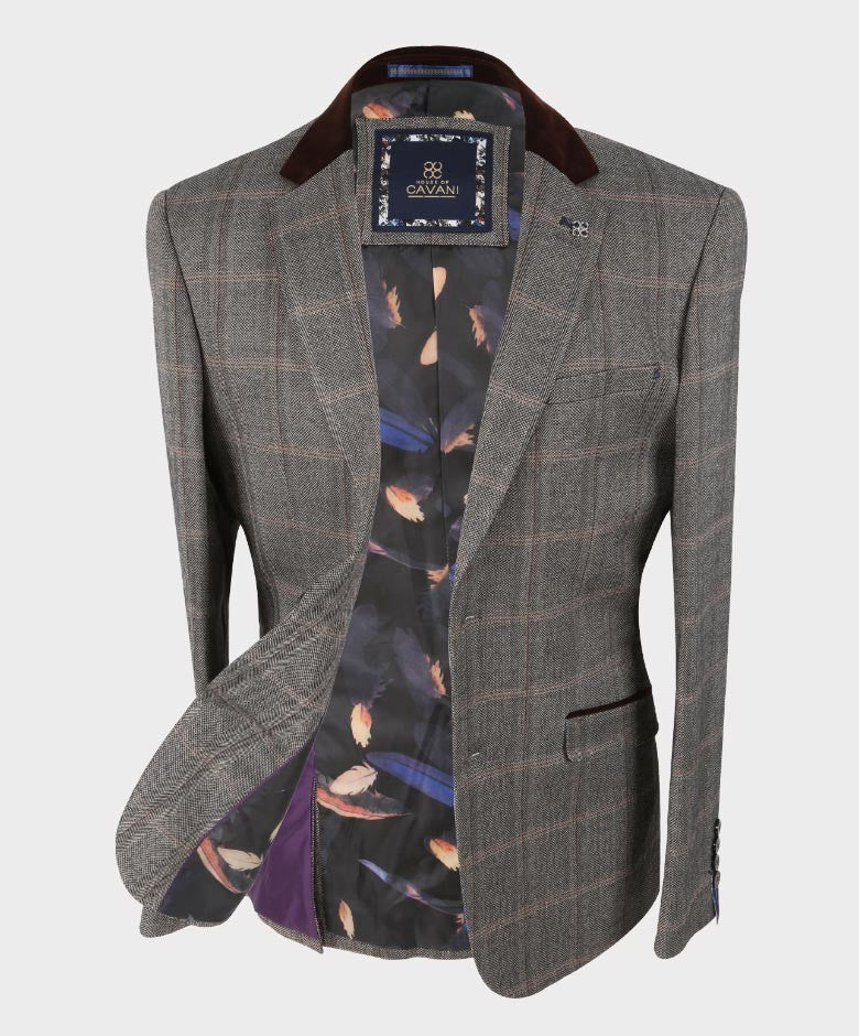 Men's Tweed Check Retro Suit Jacket - Connall Brown - Brown