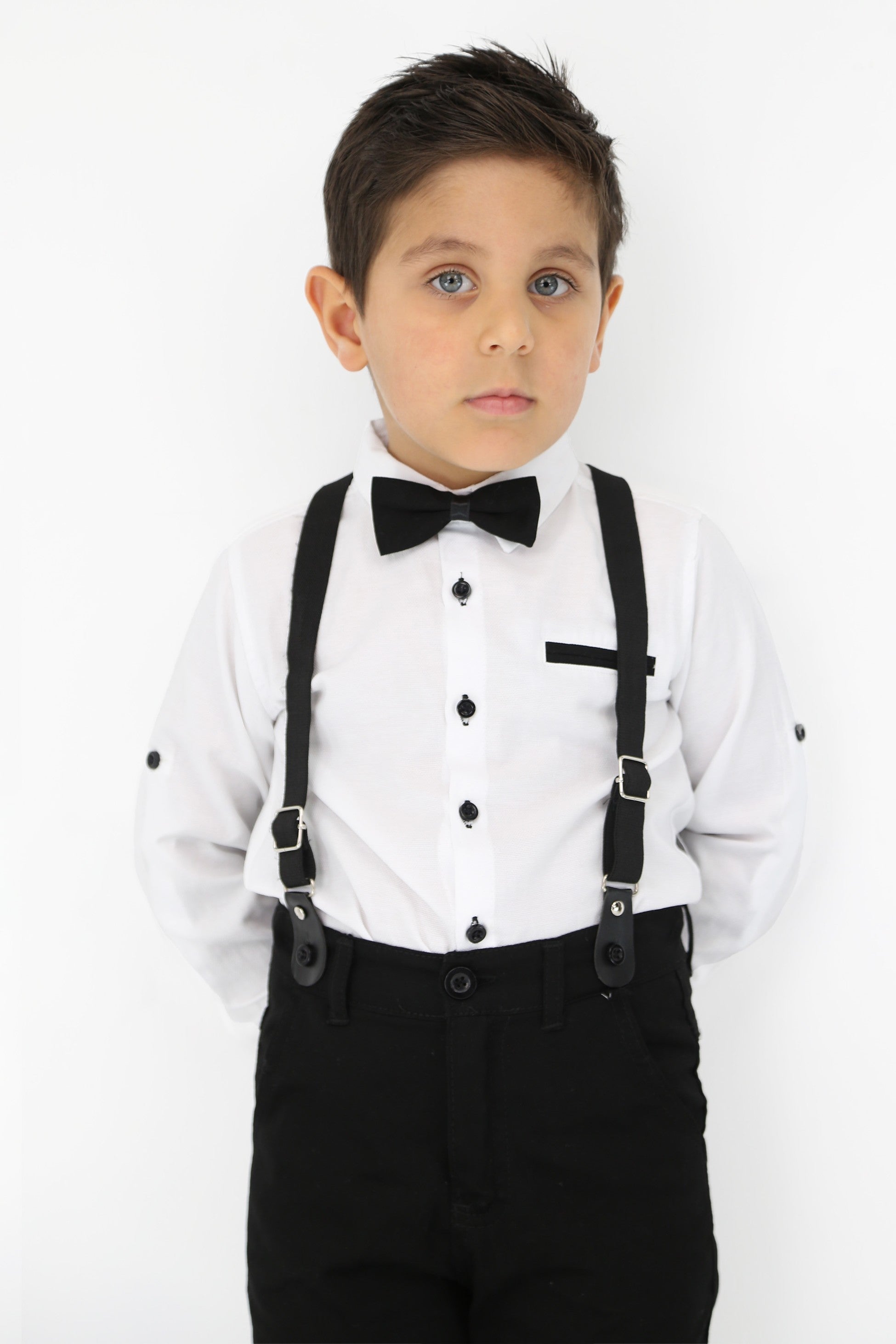 Ensemble de gentleman pour bébés et garçons - Ensemble de costume avec bretelles et pantalon 4 pièces - OXFORD - Blanc - Bleu Marine