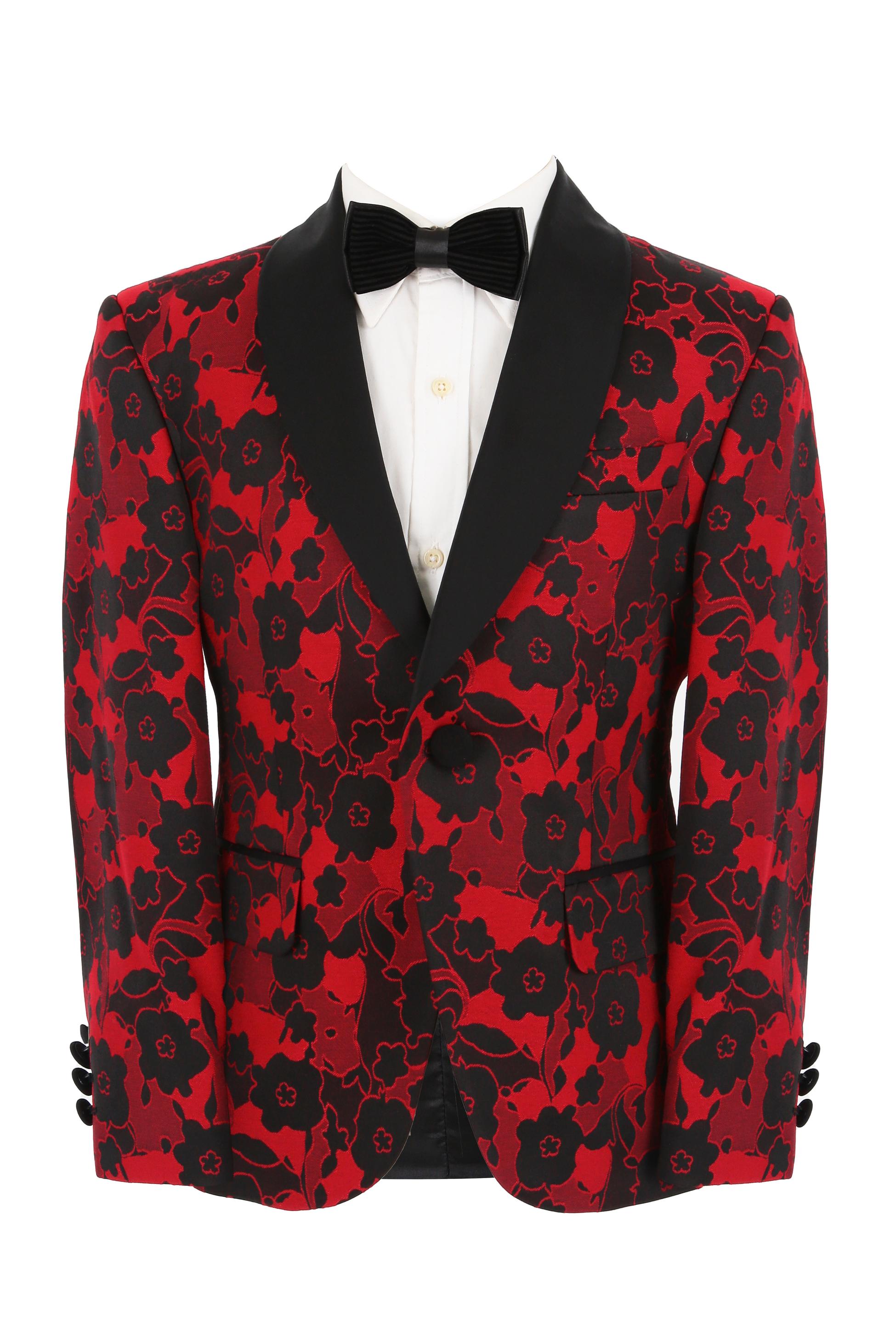 Boys Floral Print Tuxedo Suit - Black - Red