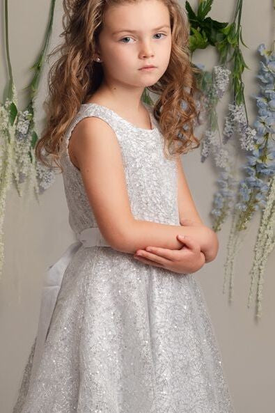 Girls Sparkly Embroidered Dress with Bow – CLIO - Silver