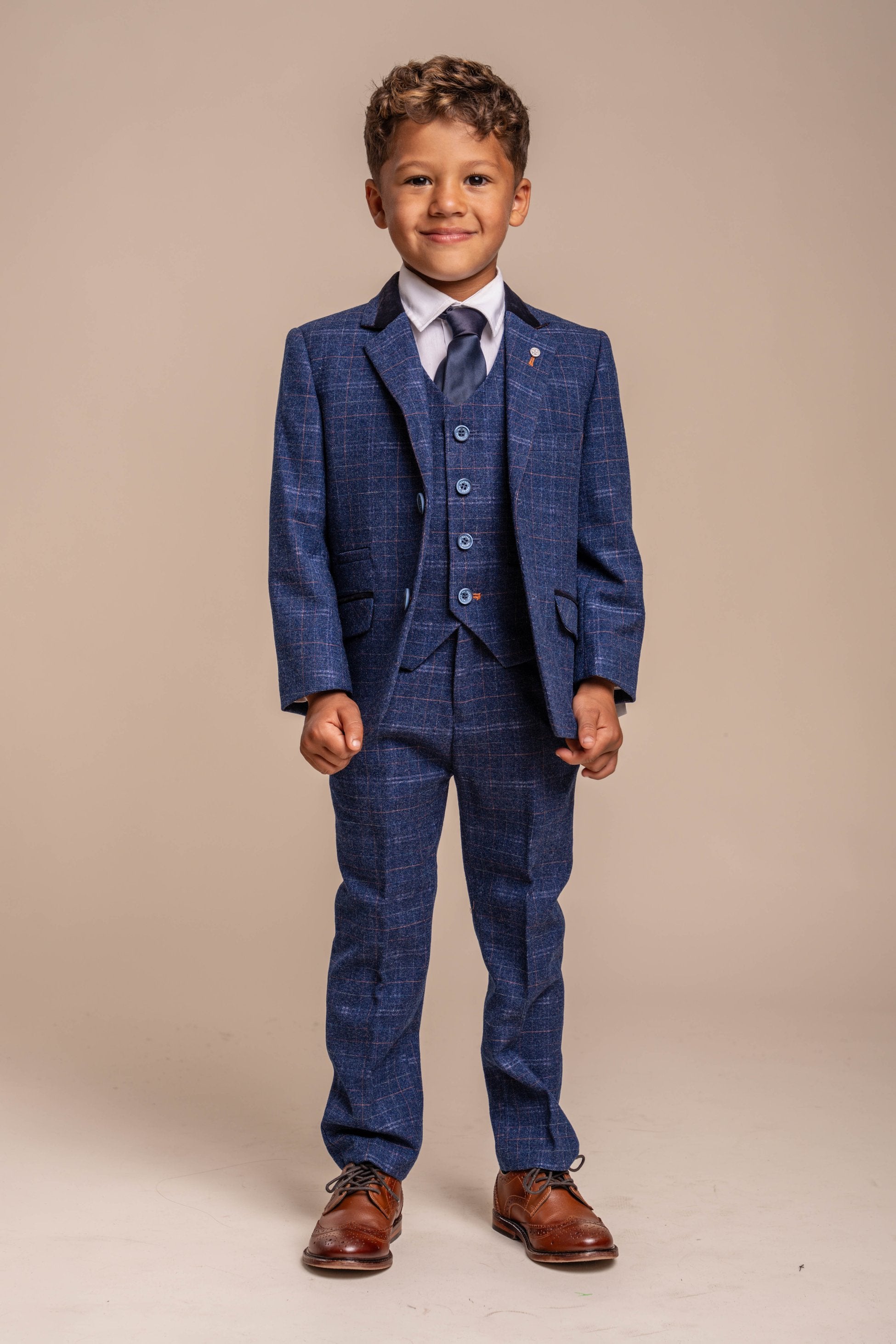 Boys Tweed Check Navy Slim Fit Suit - KAISER - Navy Blue