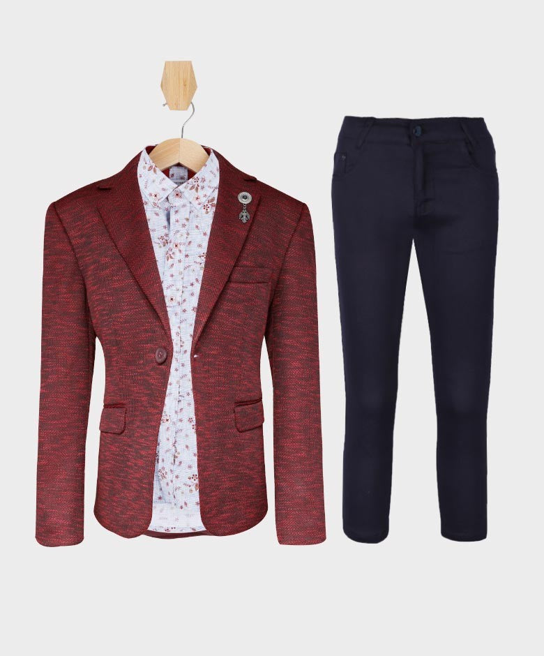 Boys Slim Fit Combined Suit Set - Burgundy - Navy Blue