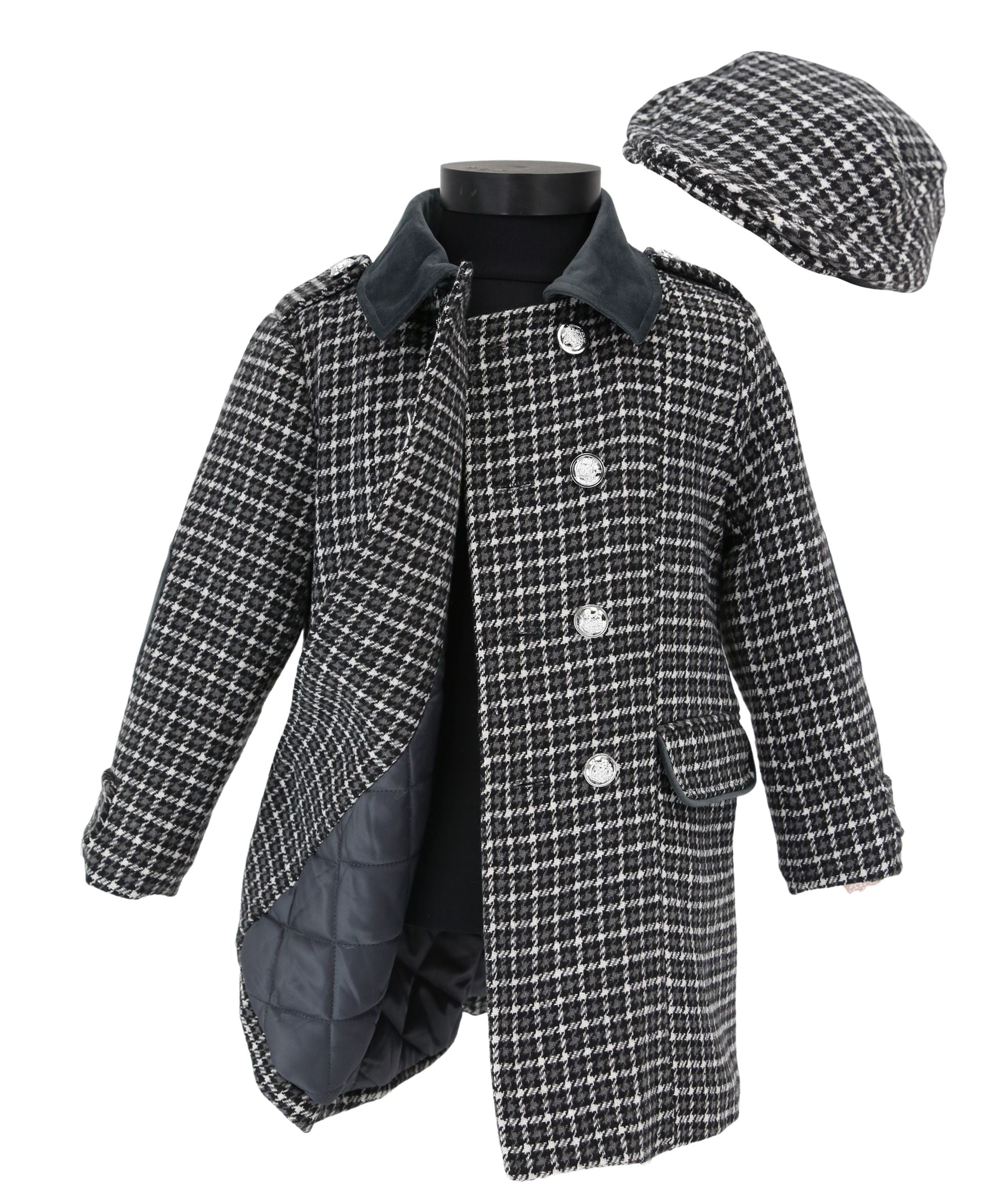 Jungen Tweed Hahnentritt Pea Coat mit passender Mütze - Anthrazitgrau