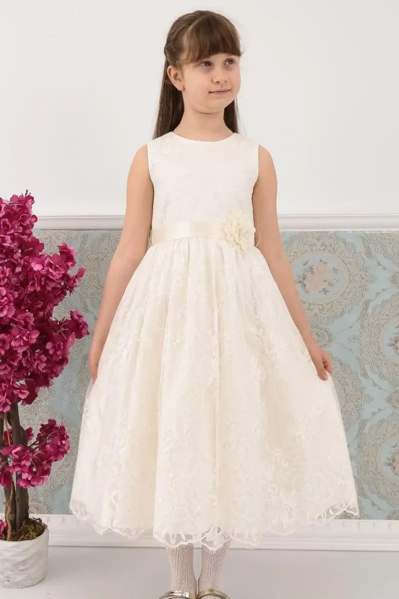 Girls Sleeveless Lace Embroidered Dress - Ivory