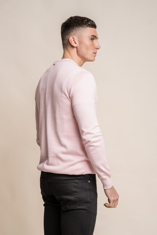 Pull en coton ajusté à col rond pour hommes - Rose