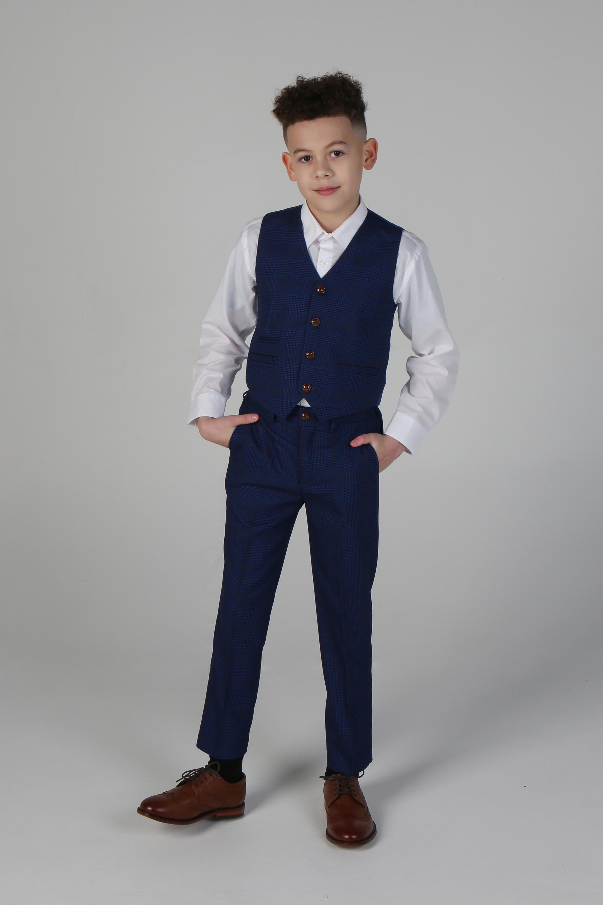 Costume en Tweed à Carreaux Tailored Fit Bleu Marine pour Garçons - ALEX - Bleu Royal