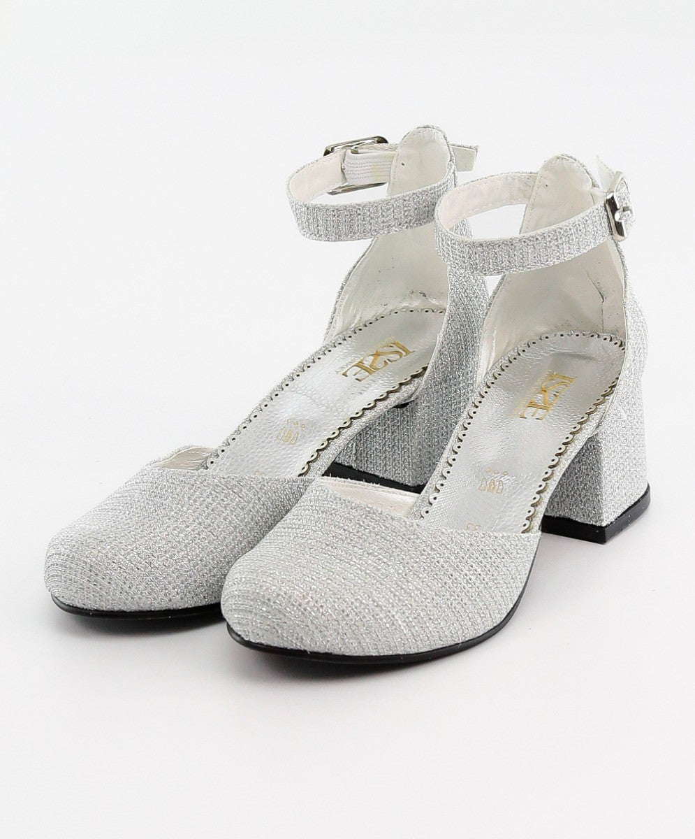 Girls Communion Block Heel Ankle Strap Dress Shoes - Silver