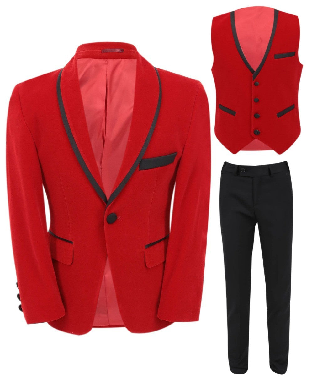 Jungen Slim Fit Paspelierung Samt Smokinganzug - LONDON - Rot