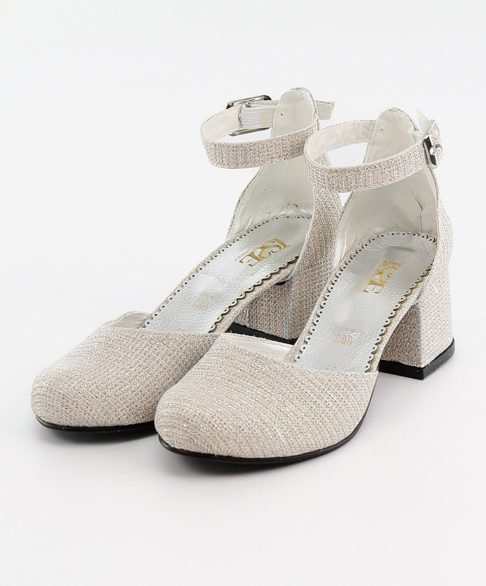 Chaussures de Communion à Bride à la Cheville et Bloc Talon pour Filles - Crème - Or