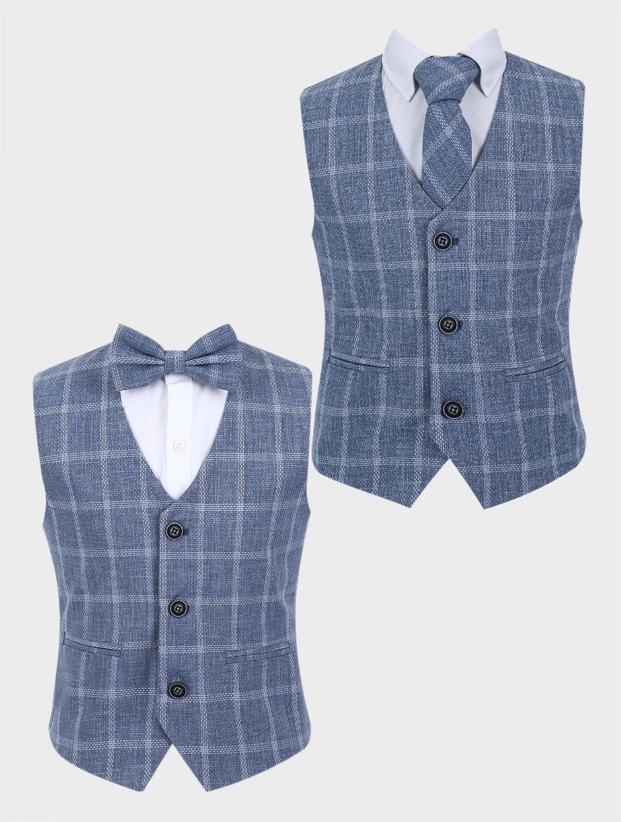 Gilet en Tweed à Carreaux Windowpane pour Garçons - Bleu - Gris