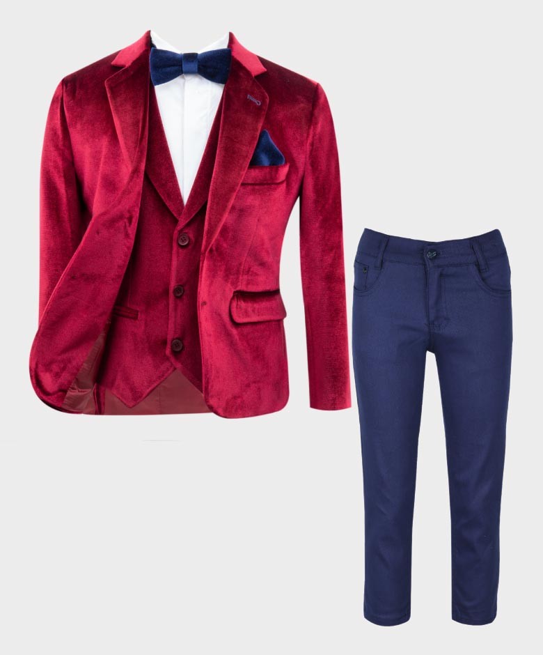 Costume en Velours Tailored Fit avec Patte de Coude pour Garçons - Rouge Bordeau