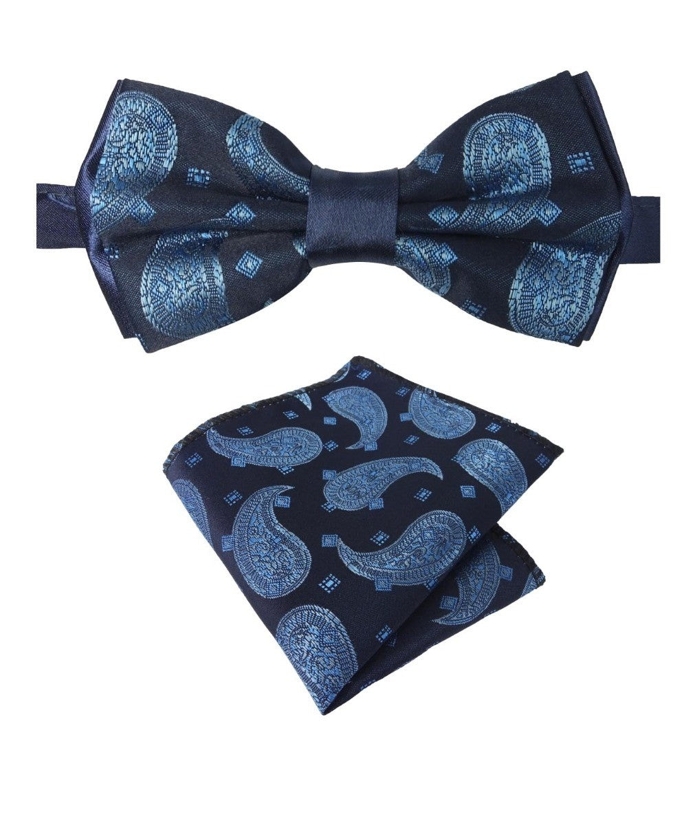 Ensemble de nœud papillon et pochette à motif cachemire pour garçons et hommes - bleu marine et Bleu