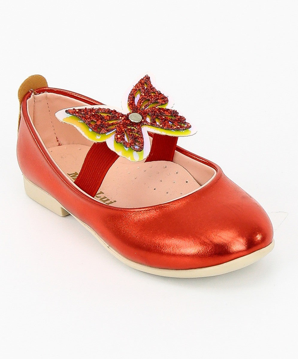 Girls Ballerina Butterfly Strap Flat Dress Shoes - Red