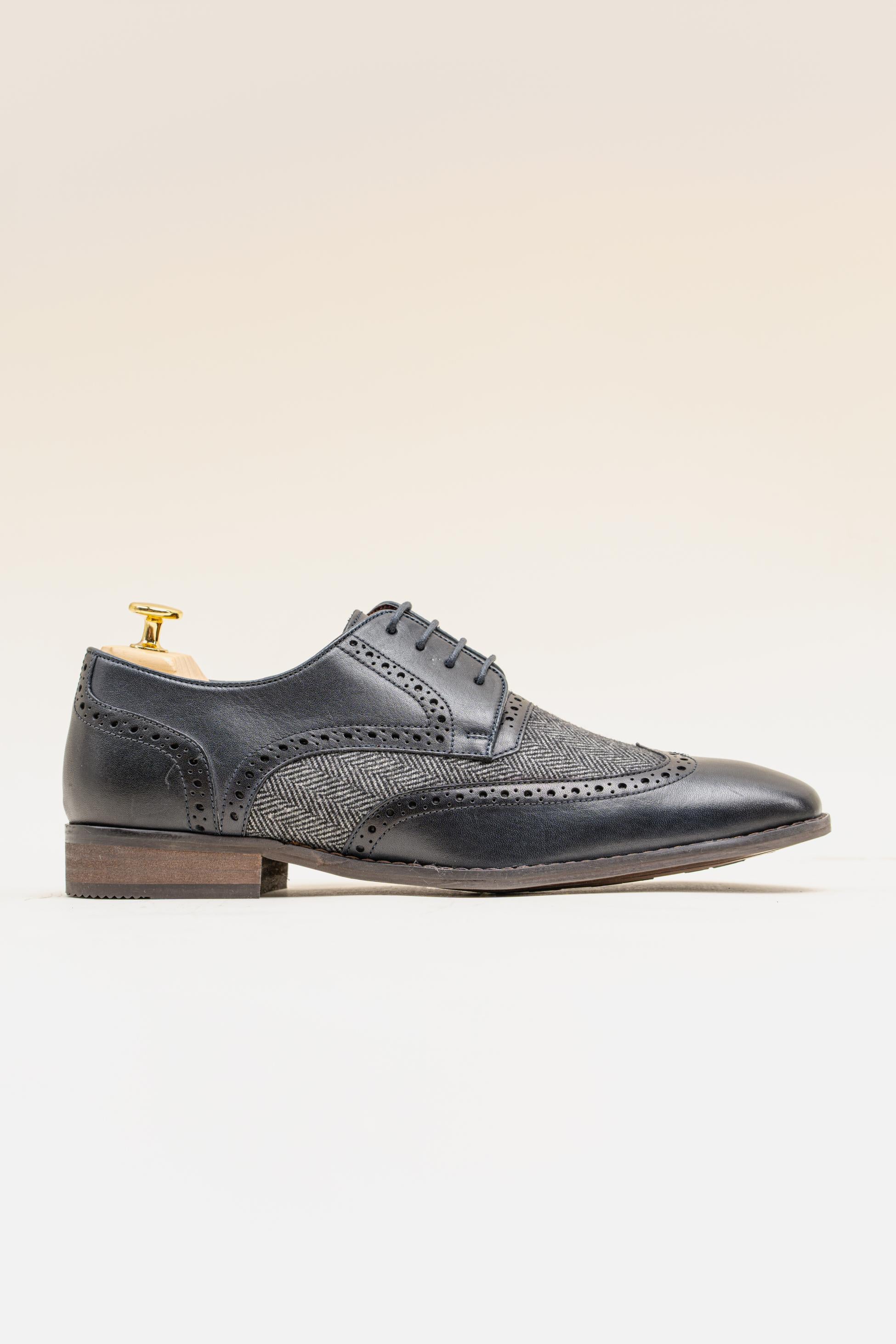 Chaussures Brogue en Cuir Véritable et Tweed pour Homme - FARO - Bleu Marine