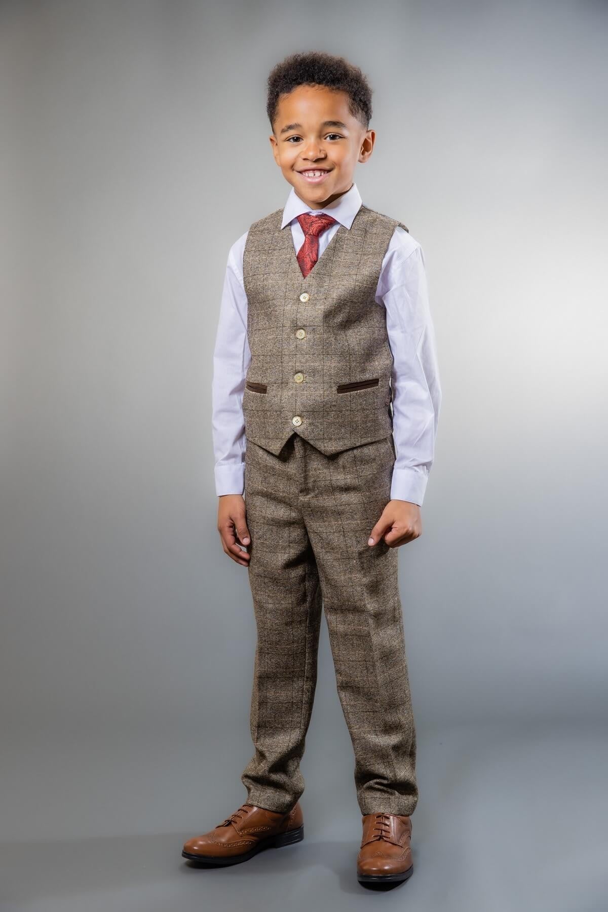 Costume en Tweed à Carreaux Tailored Fit Beige pour Garçons - LIAM - Beige