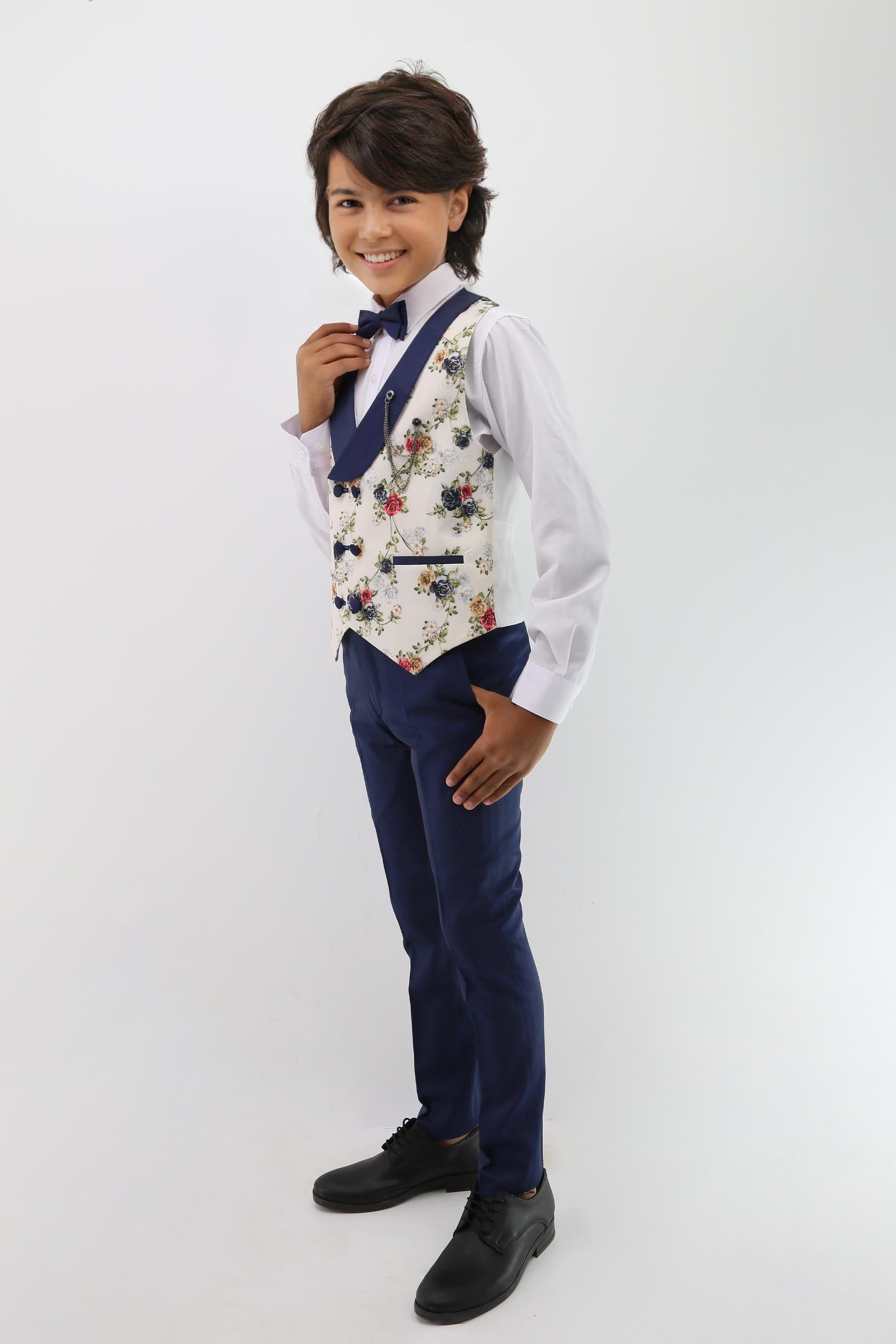 Ensemble de costume pour bébés et garçons avec gilet floral à double boutonnage - Multicolore