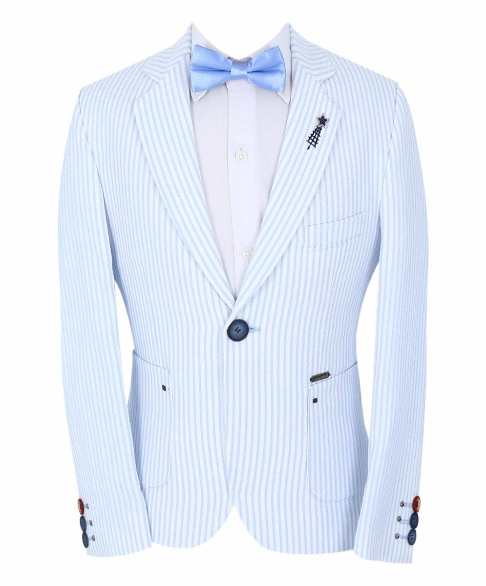 Boys Slim Fit Pinstripe Boating Blazer - Sky Blue