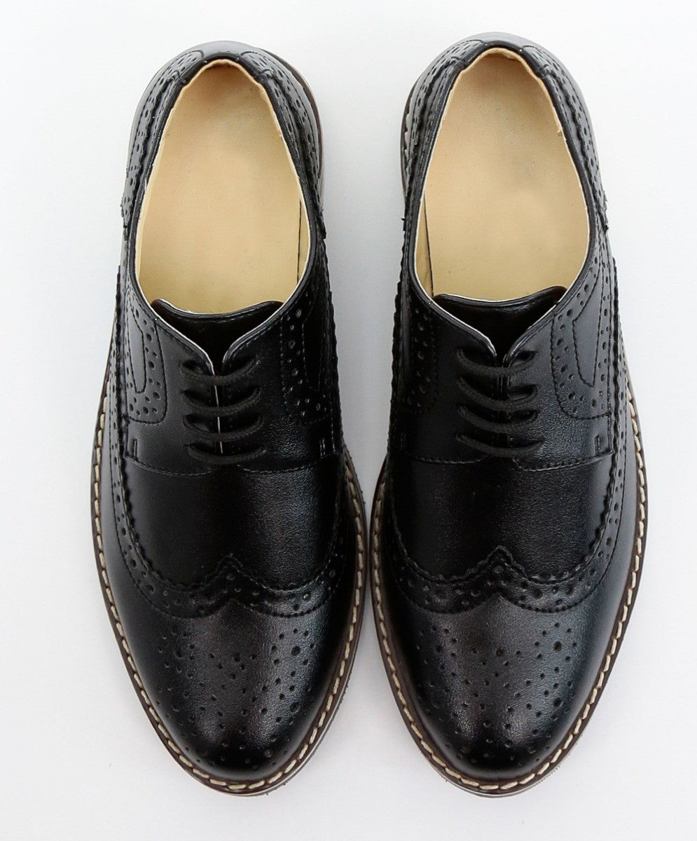 Jungen Schnür-Leder Brogue Schuhe - Schwarz