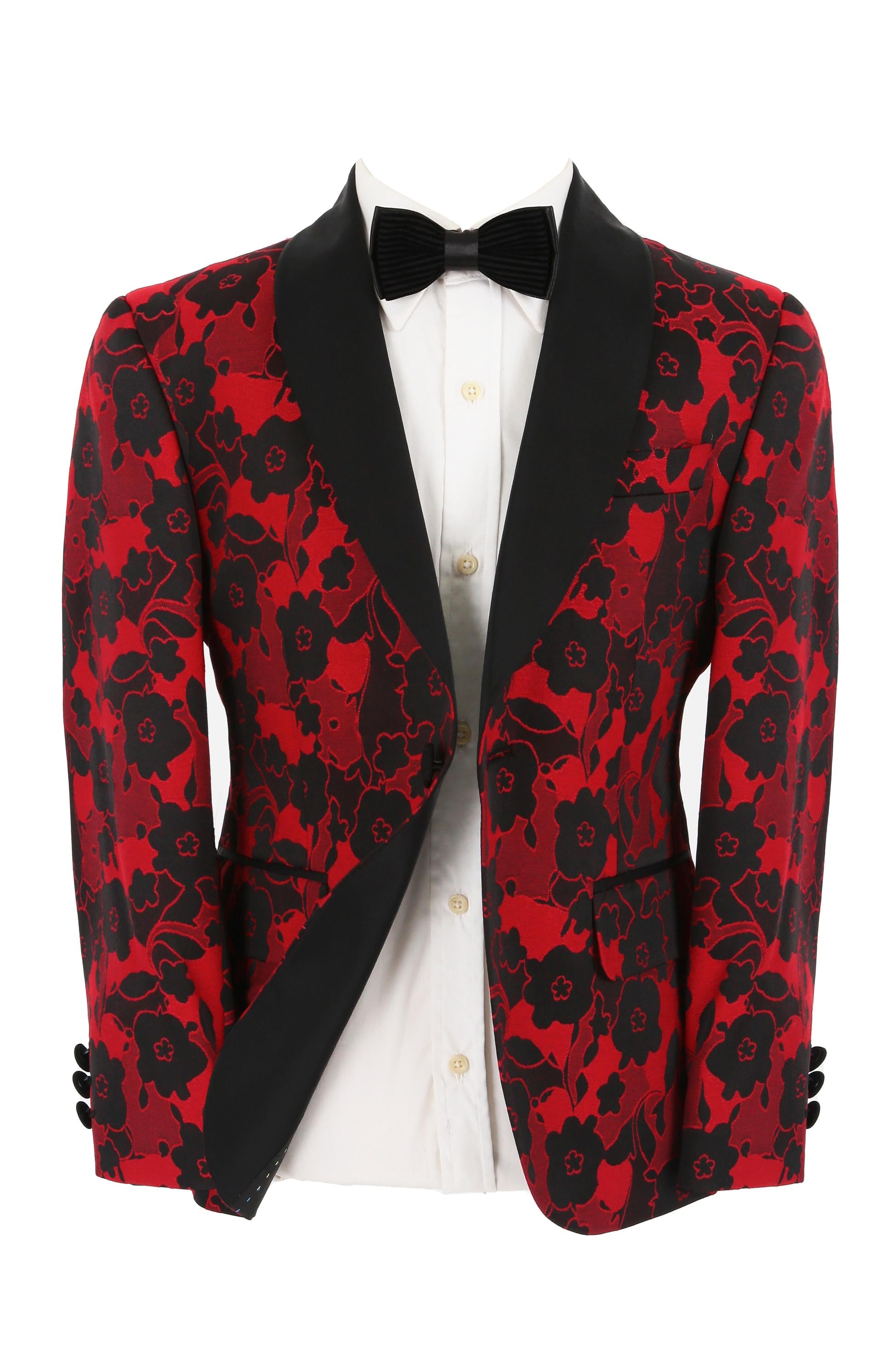 Boys Floral Print Tuxedo Suit - Black - Red