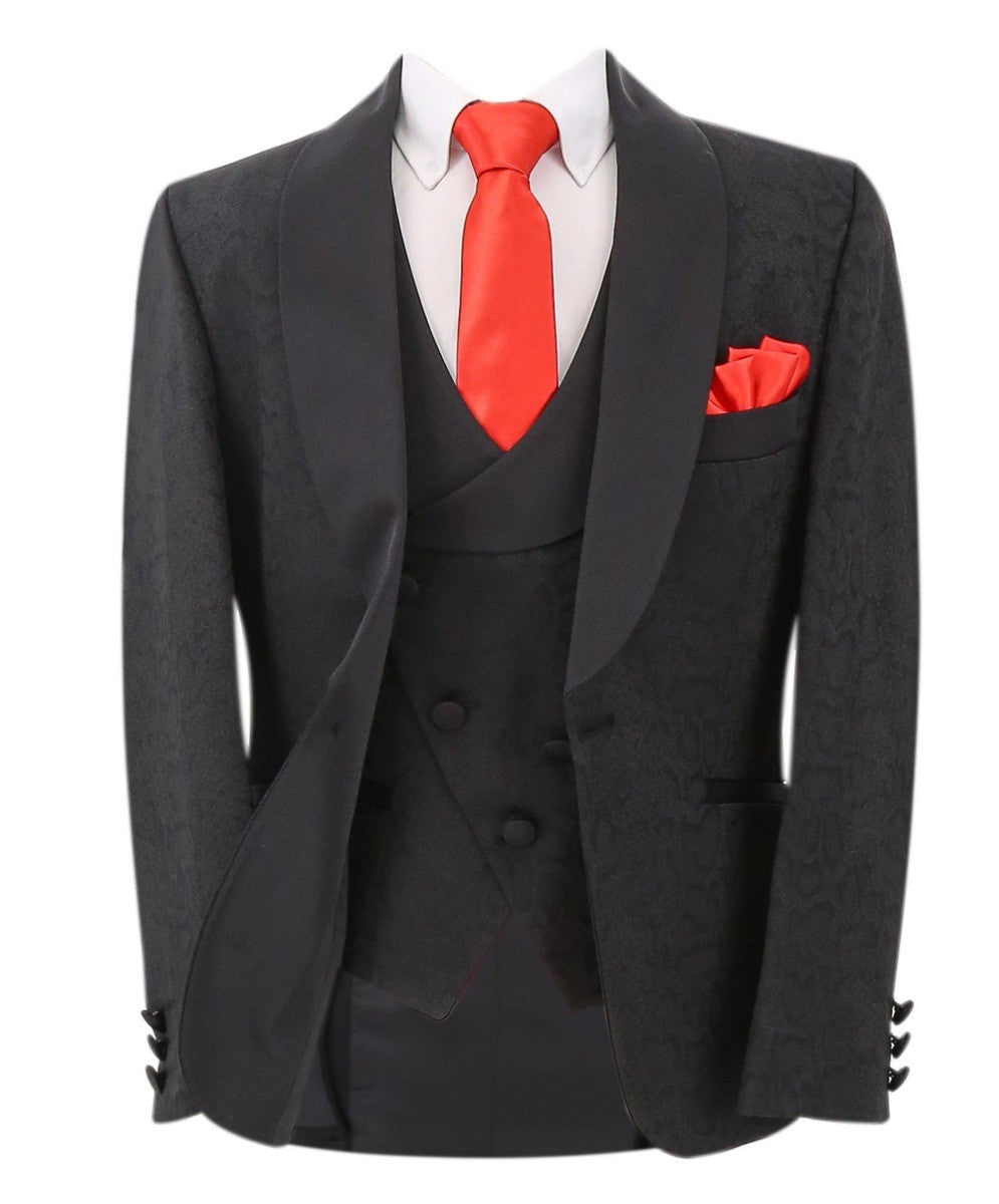 Jungen Jacquard Gemustertes Tuxedo Anzug - ASHLEY - Schwarz