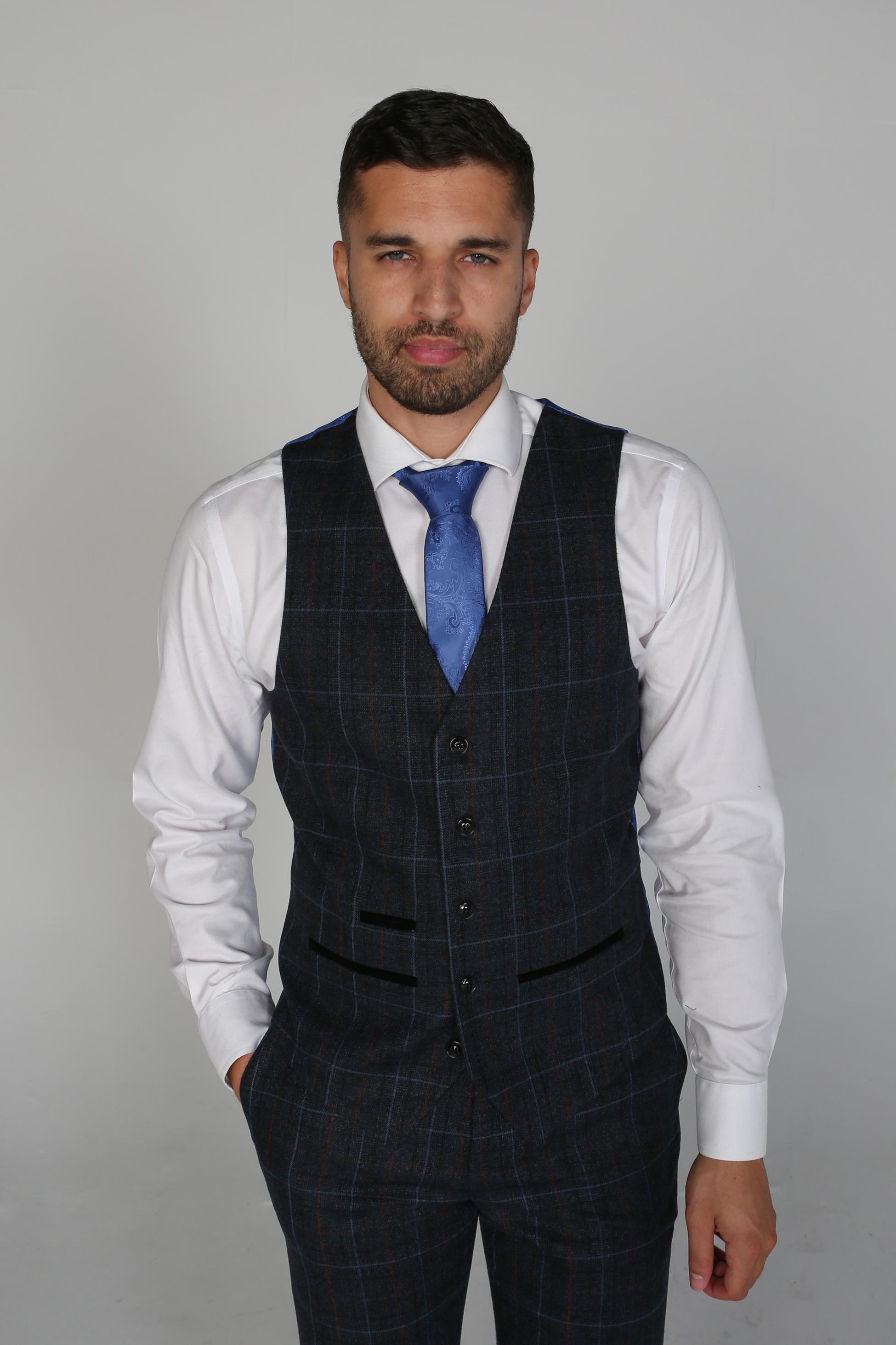 Men's Windowpane Tailored Fit Waistcoat- HARVEY - Navy Blue