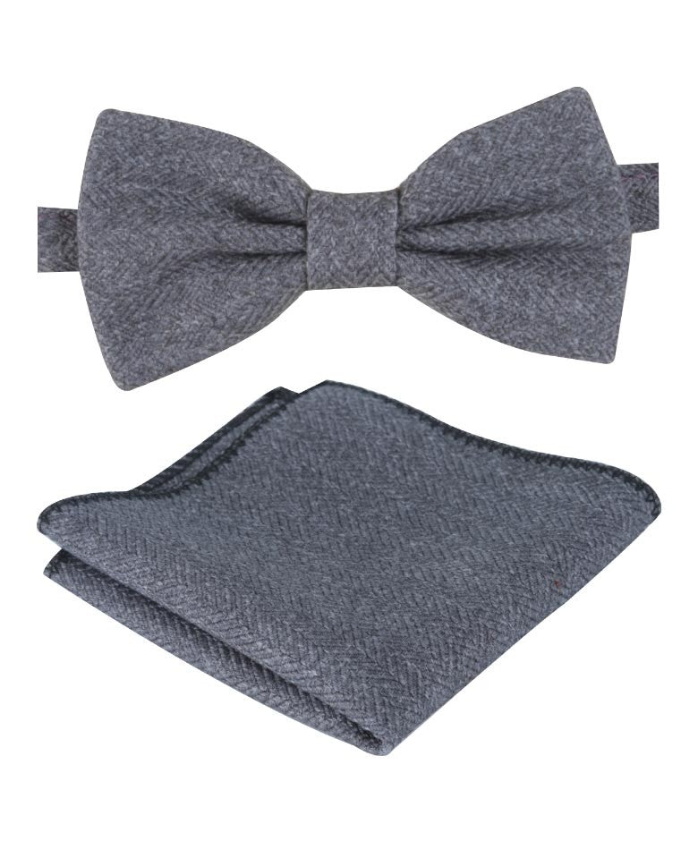 Ensemble Nœud Papillon et Mouchoir de Poche en Tweed à Motif Chevron pour Garçons et Hommes - Gris